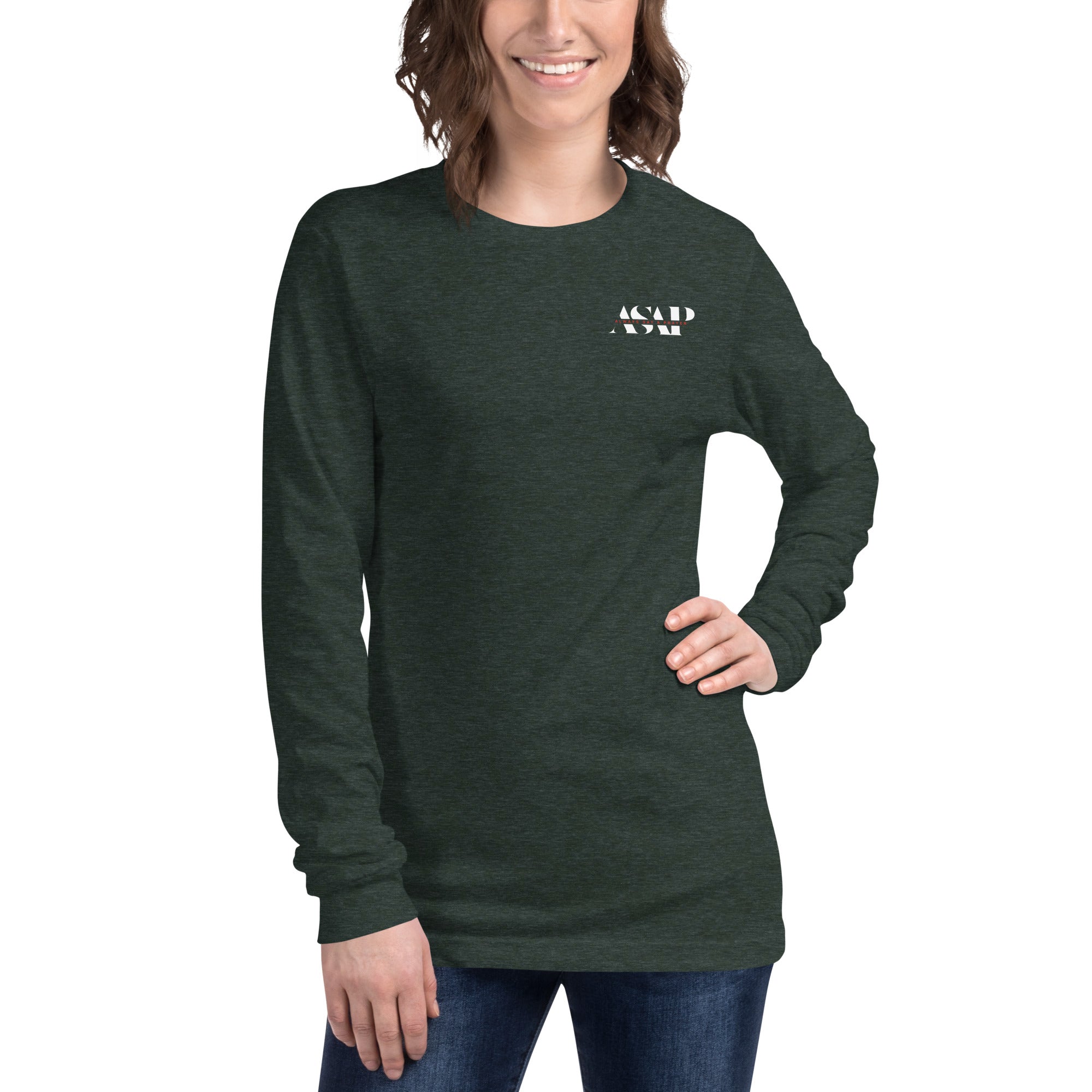 women wearing a long heather forest sleeve tee with white asap print