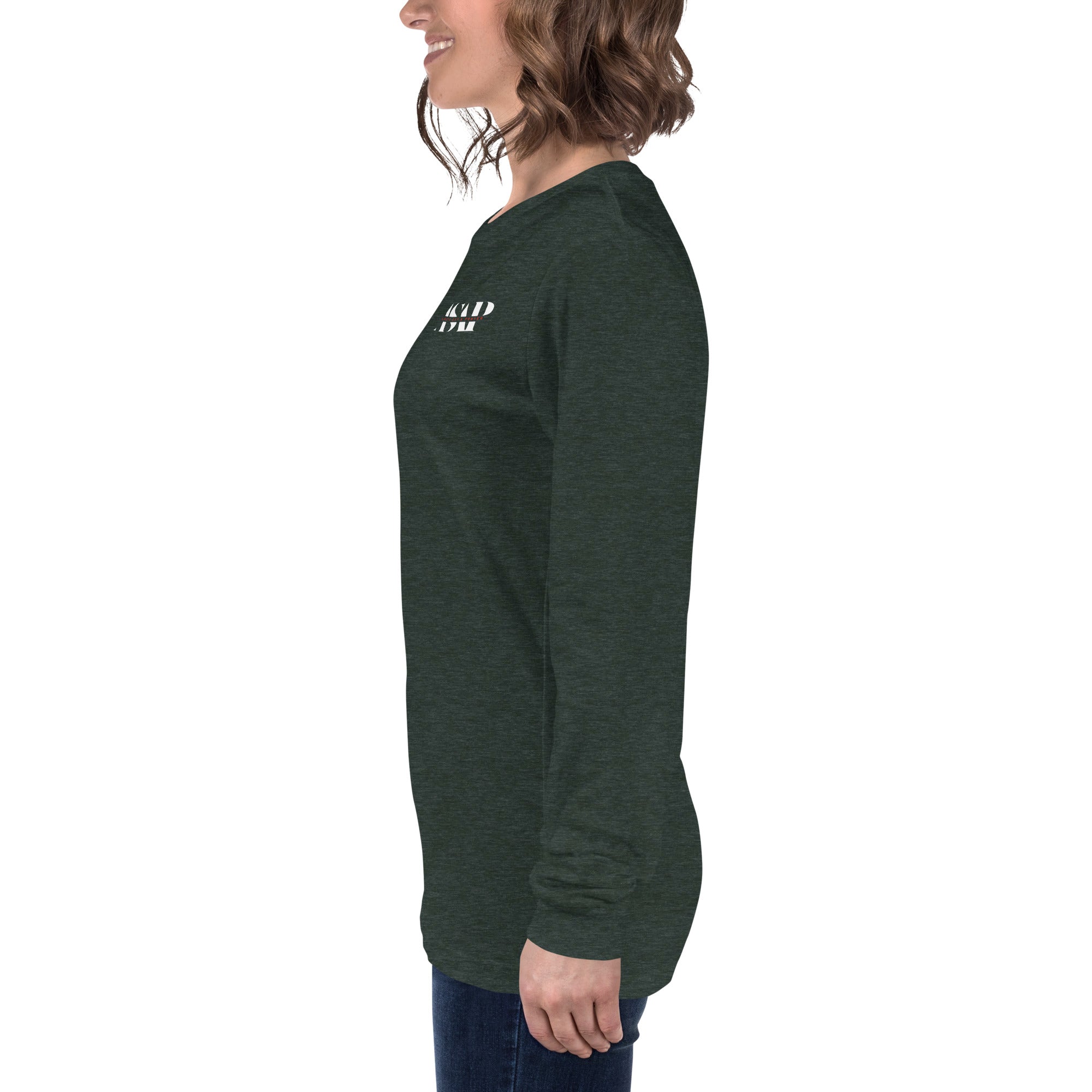 women wearing a long heather forest sleeve tee with white asap print