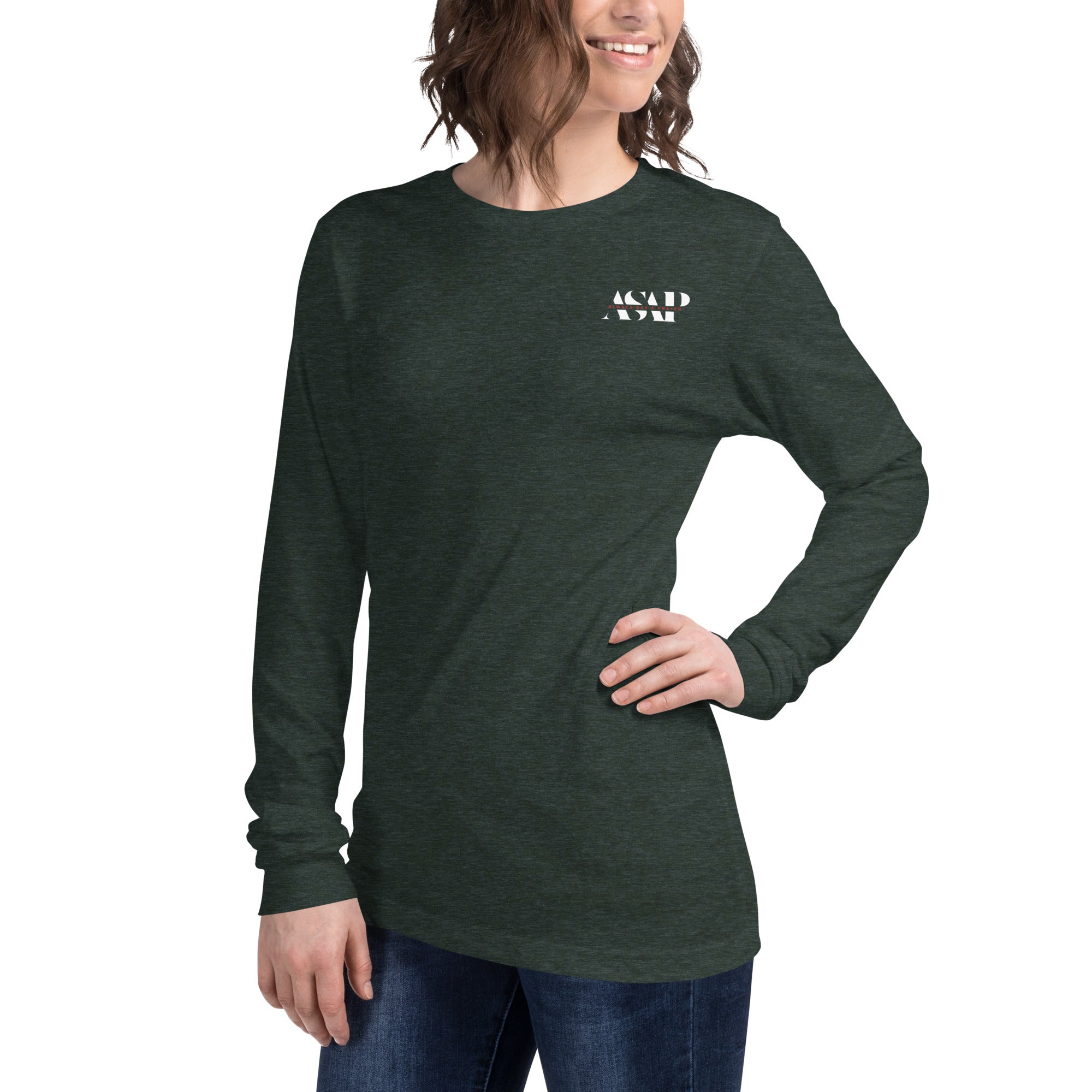 women wearing a long heather forest sleeve tee with white asap print