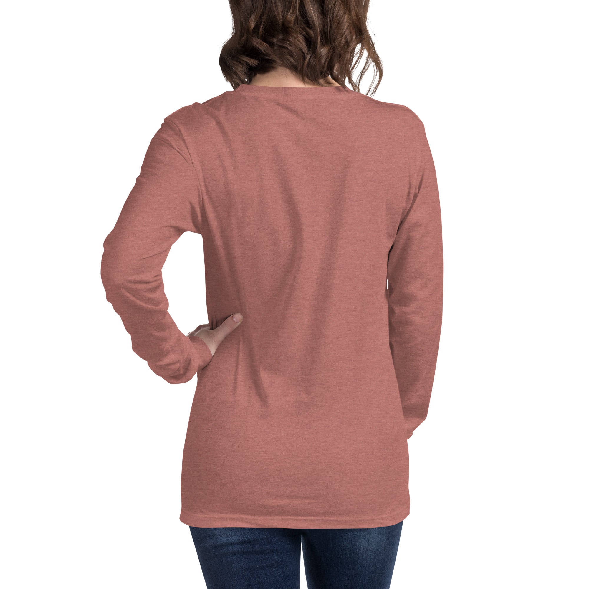 women wearing a long peach pink sleeve tee with white asap print