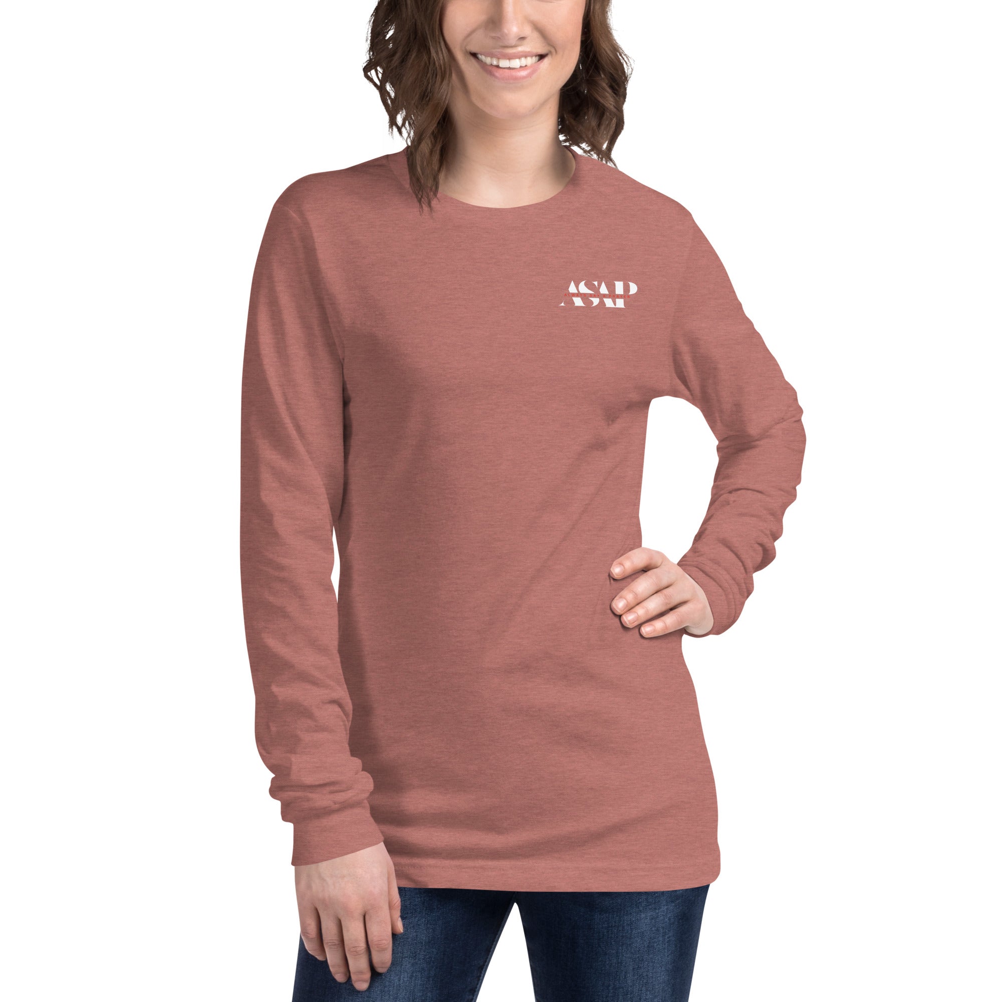 women wearing a long peach pink sleeve tee with white asap print