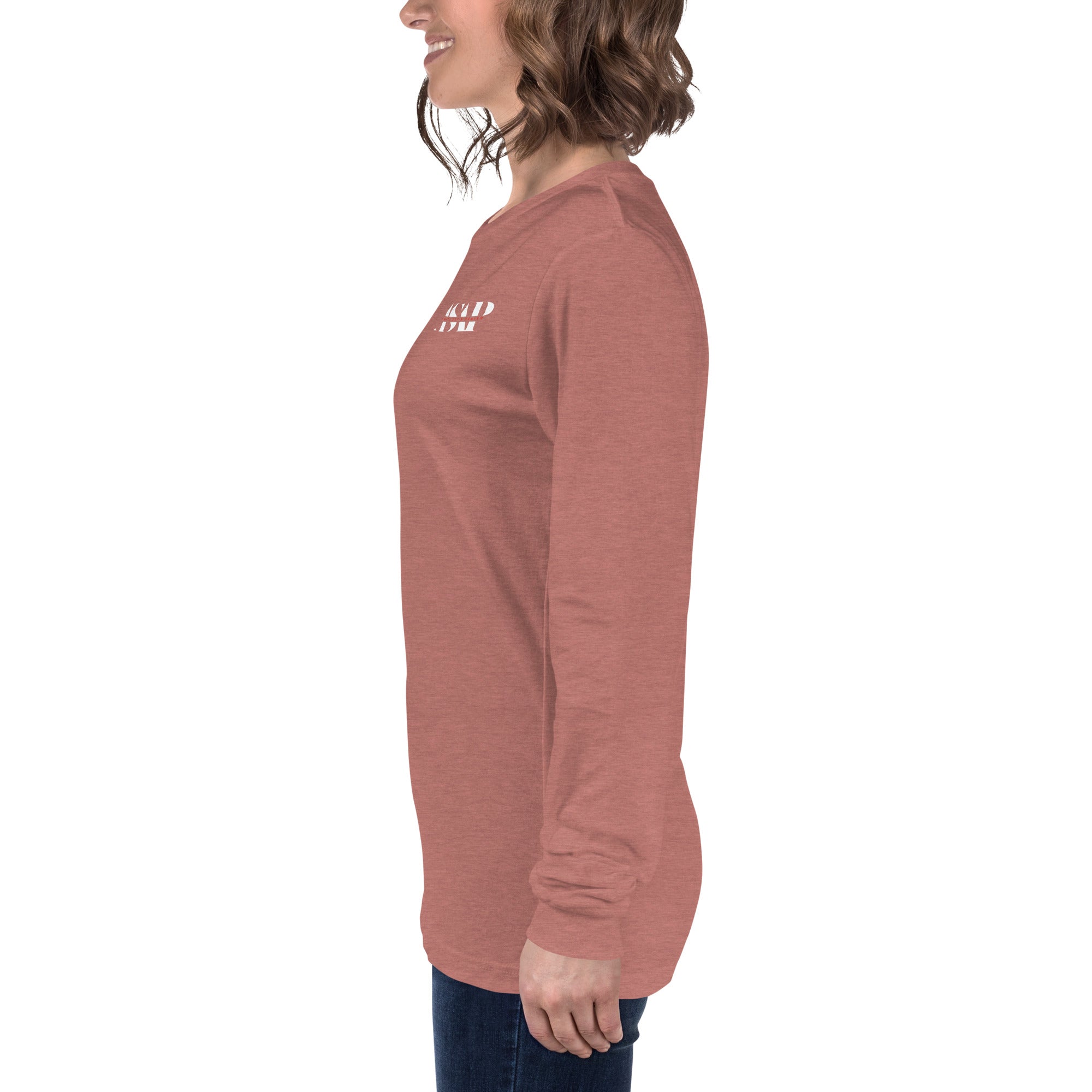 women wearing a long peach pink sleeve tee with white asap print