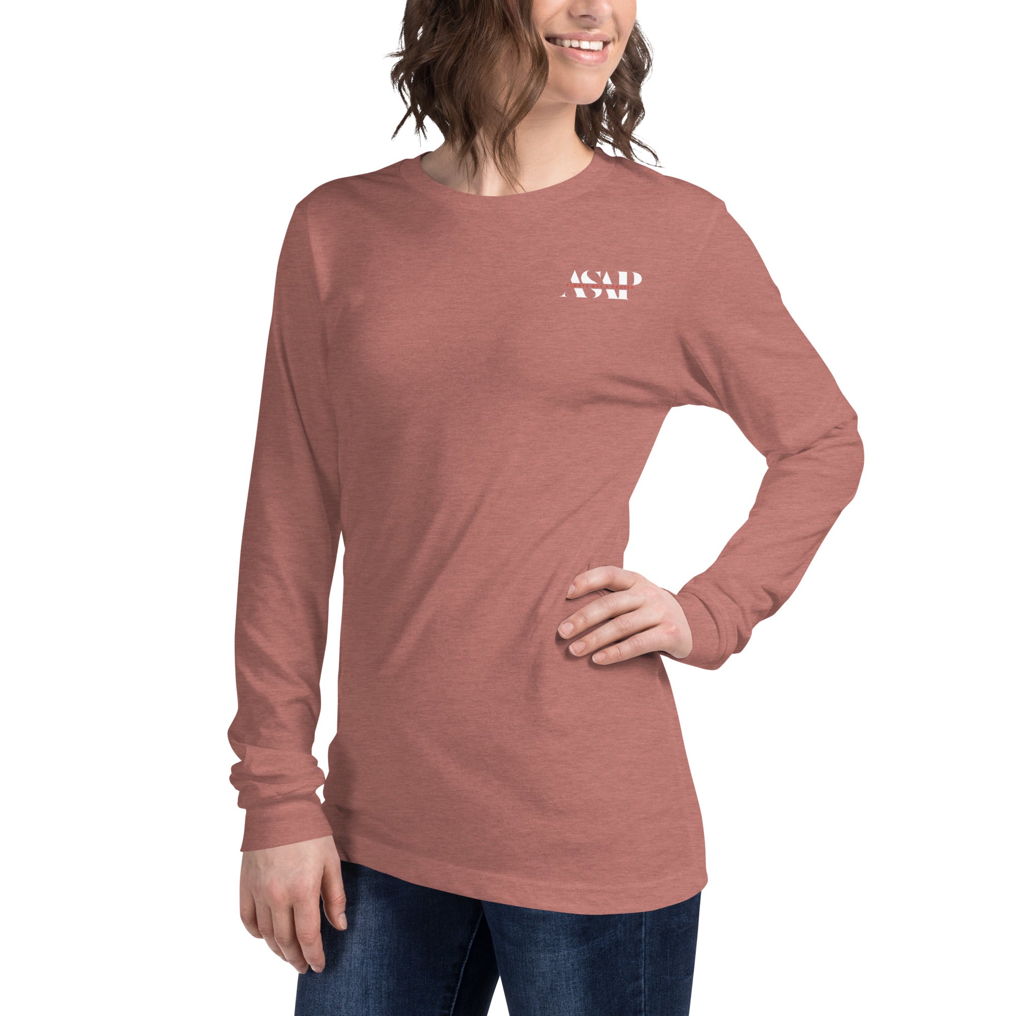 women wearing a long peach pink sleeve tee with white asap print