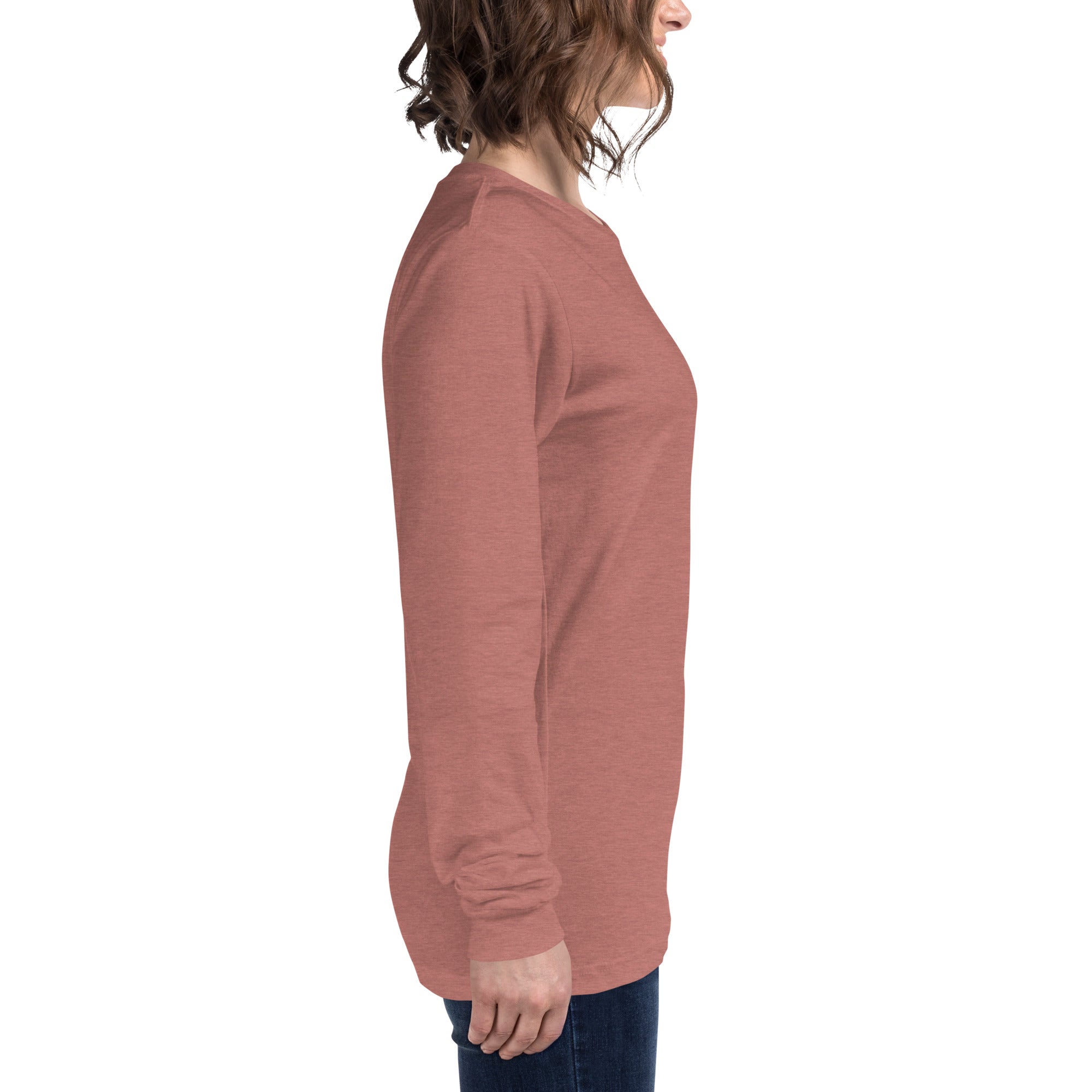 women wearing a long peach pink sleeve tee with white asap print