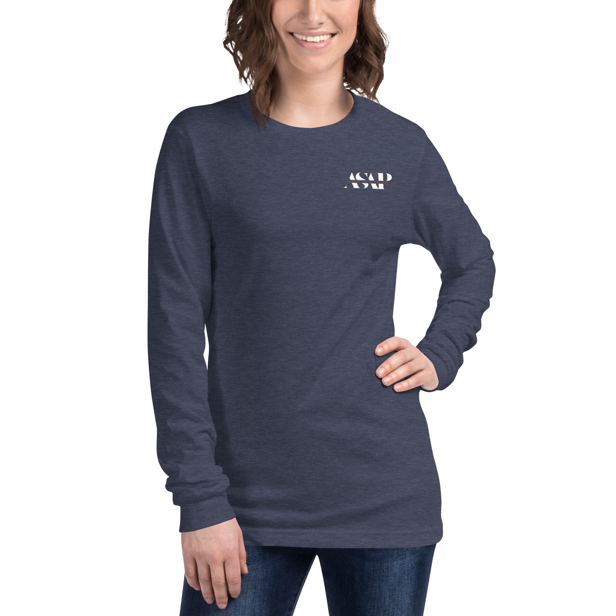 women wearing a long neva sleeve tee with white asap print