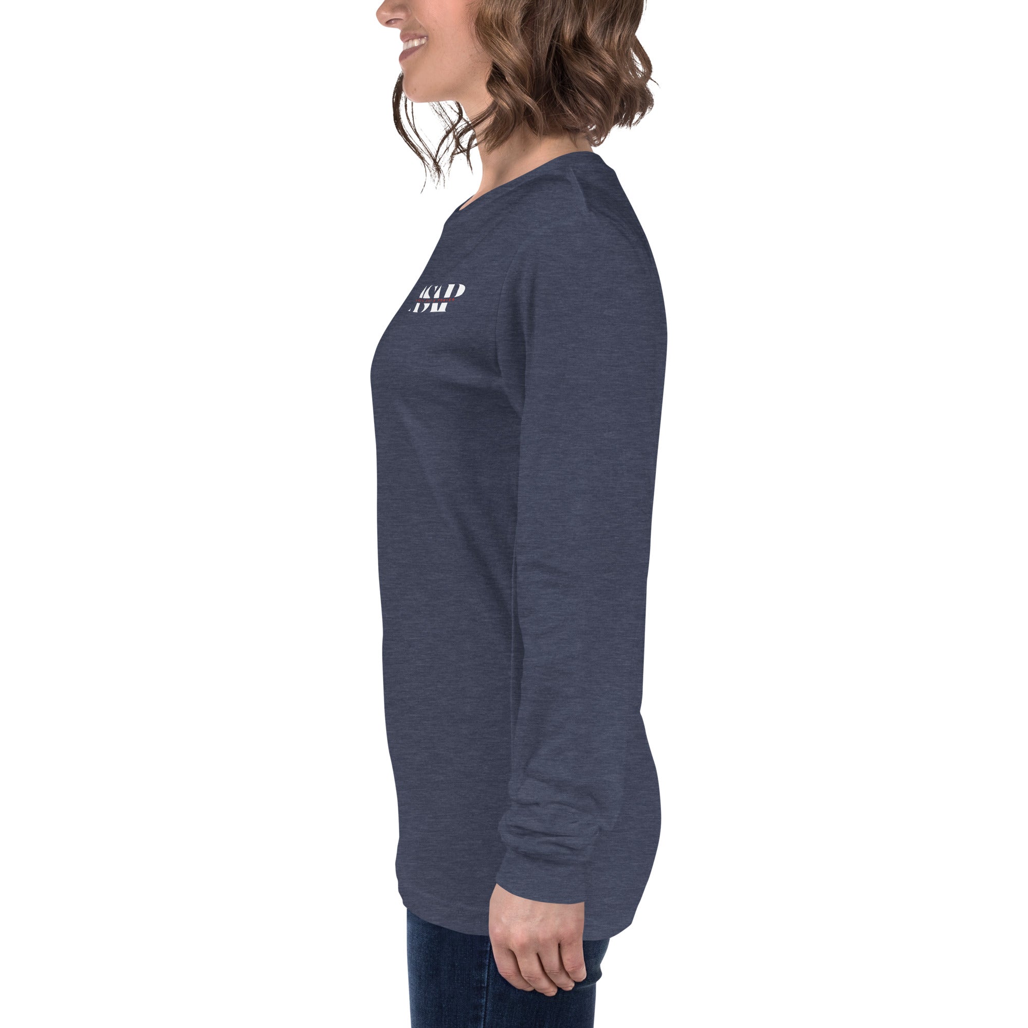 women wearing a long navy sleeve tee with white asap print