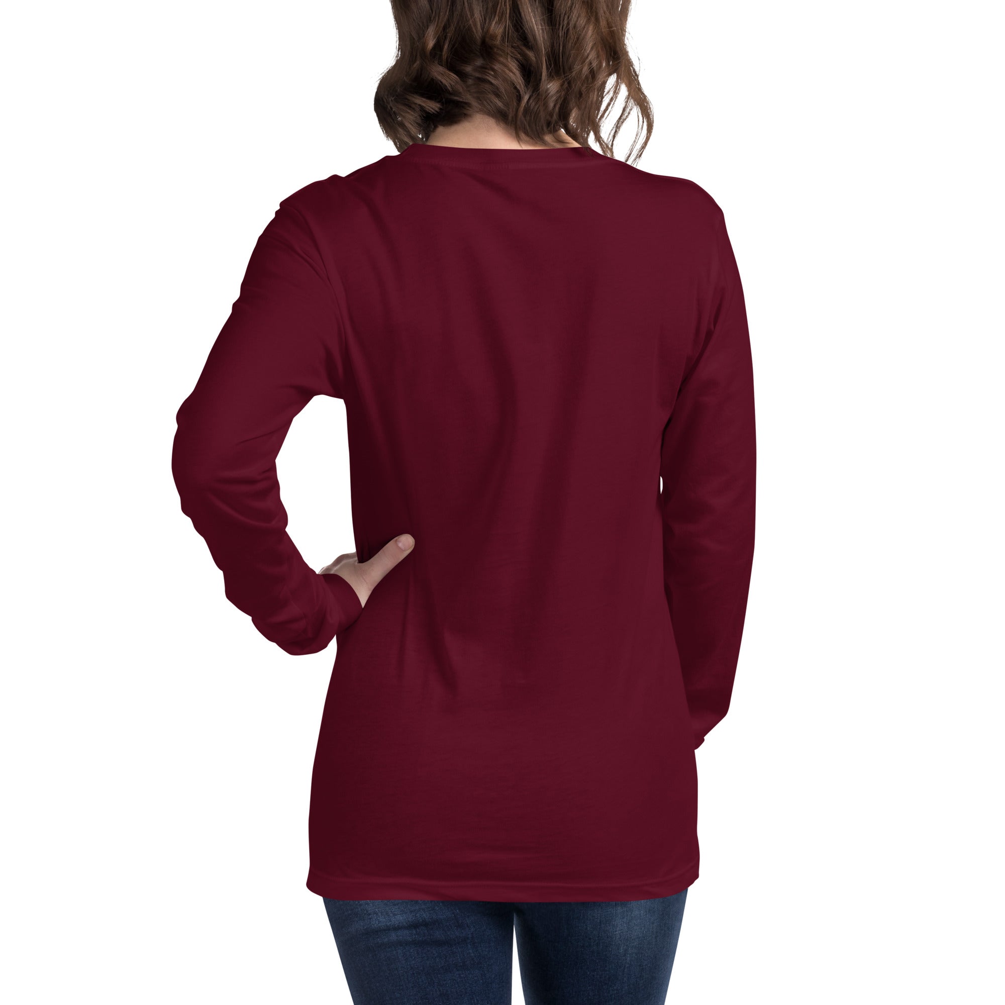 women wearing a long red maroon sleeve tee with white asap print