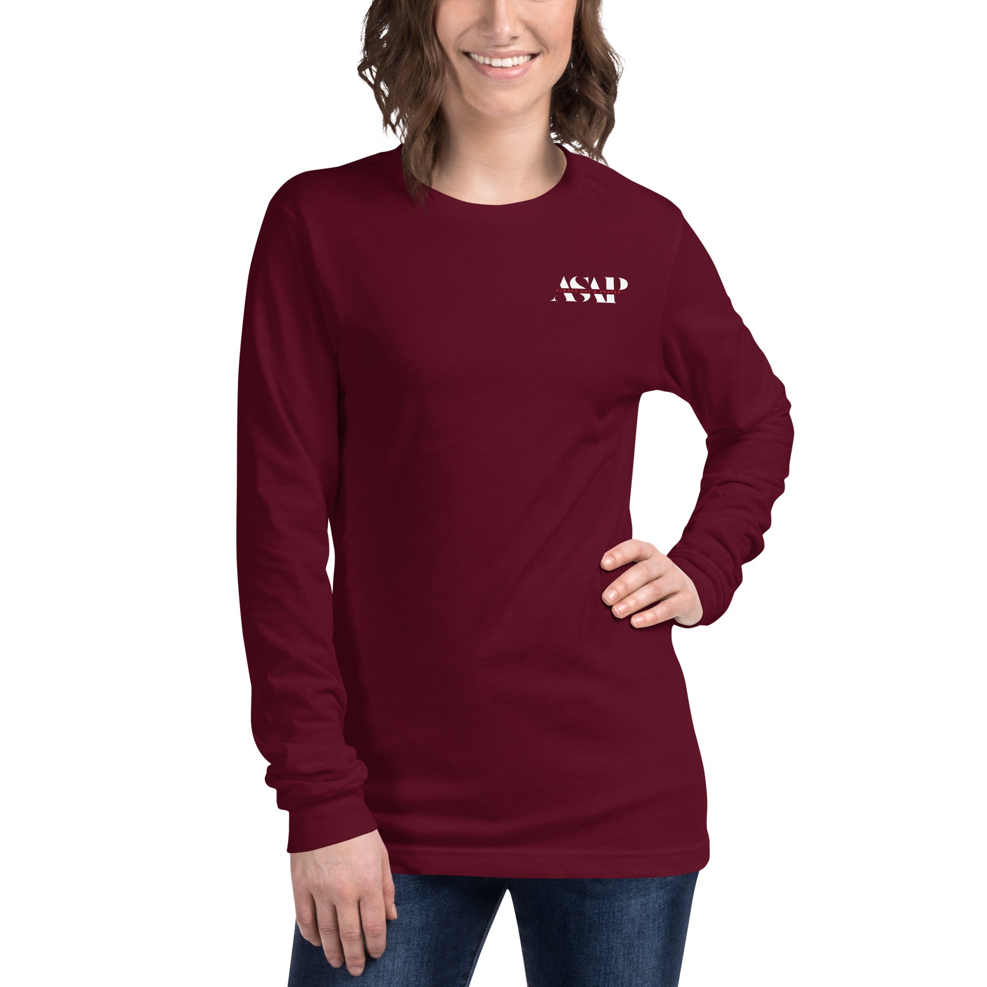 women wearing a long red sleeve tee with white asap print