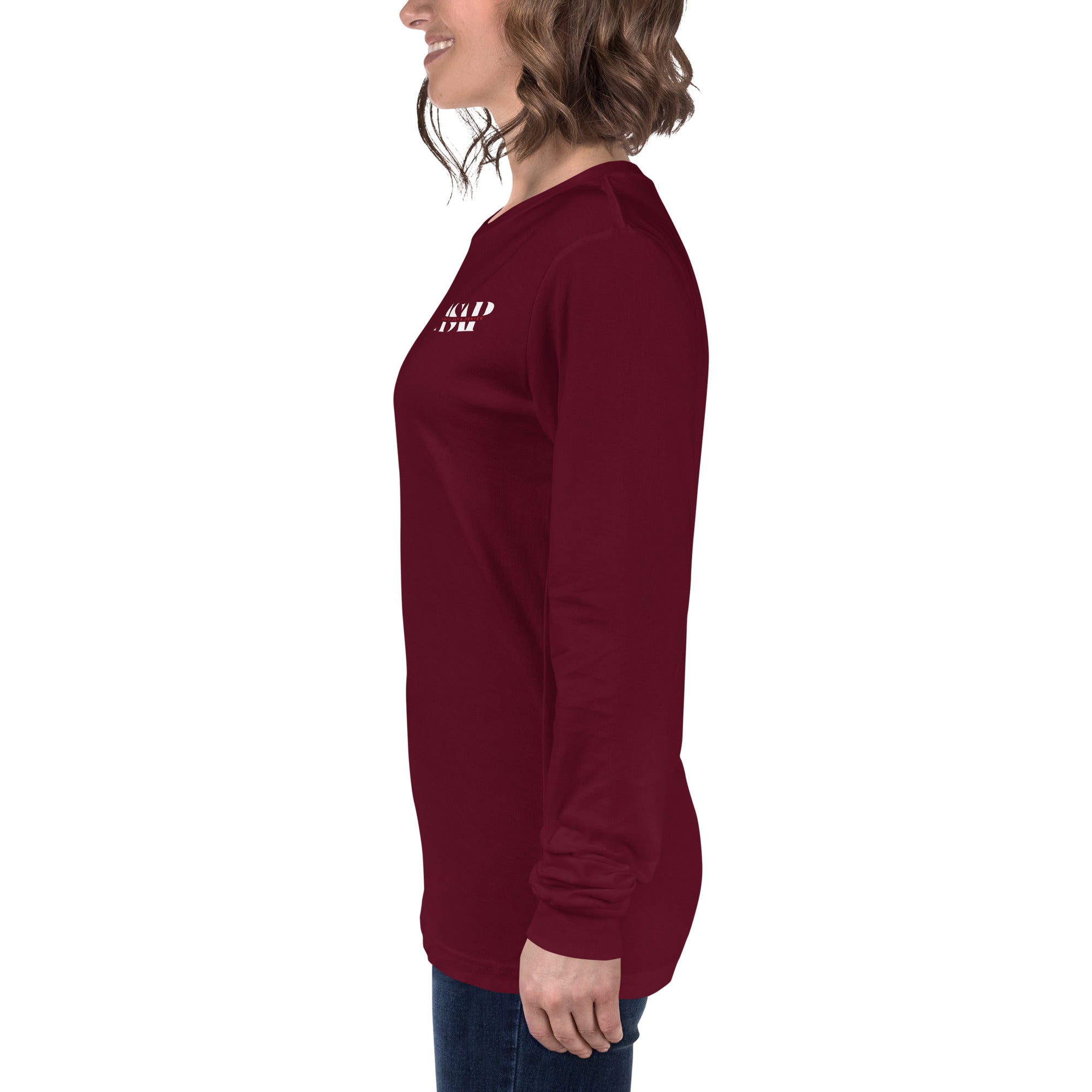 women wearing a long red maroon sleeve tee with white asap print