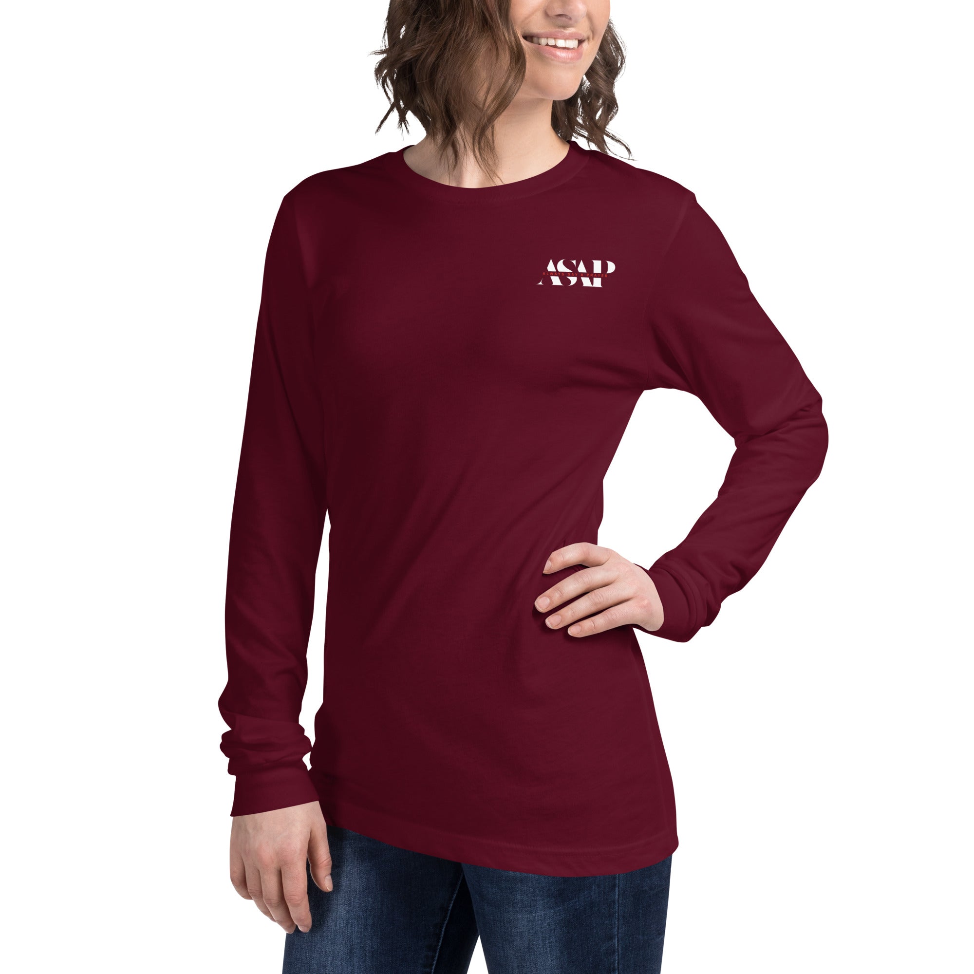 women wearing a long red maroon sleeve tee with white asap print