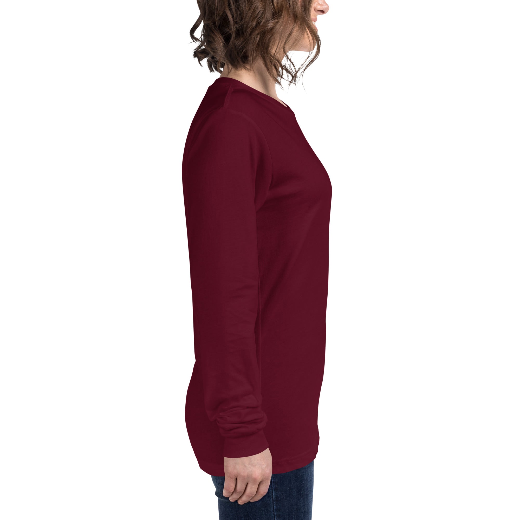 women wearing a long red maroon sleeve tee with white asap print