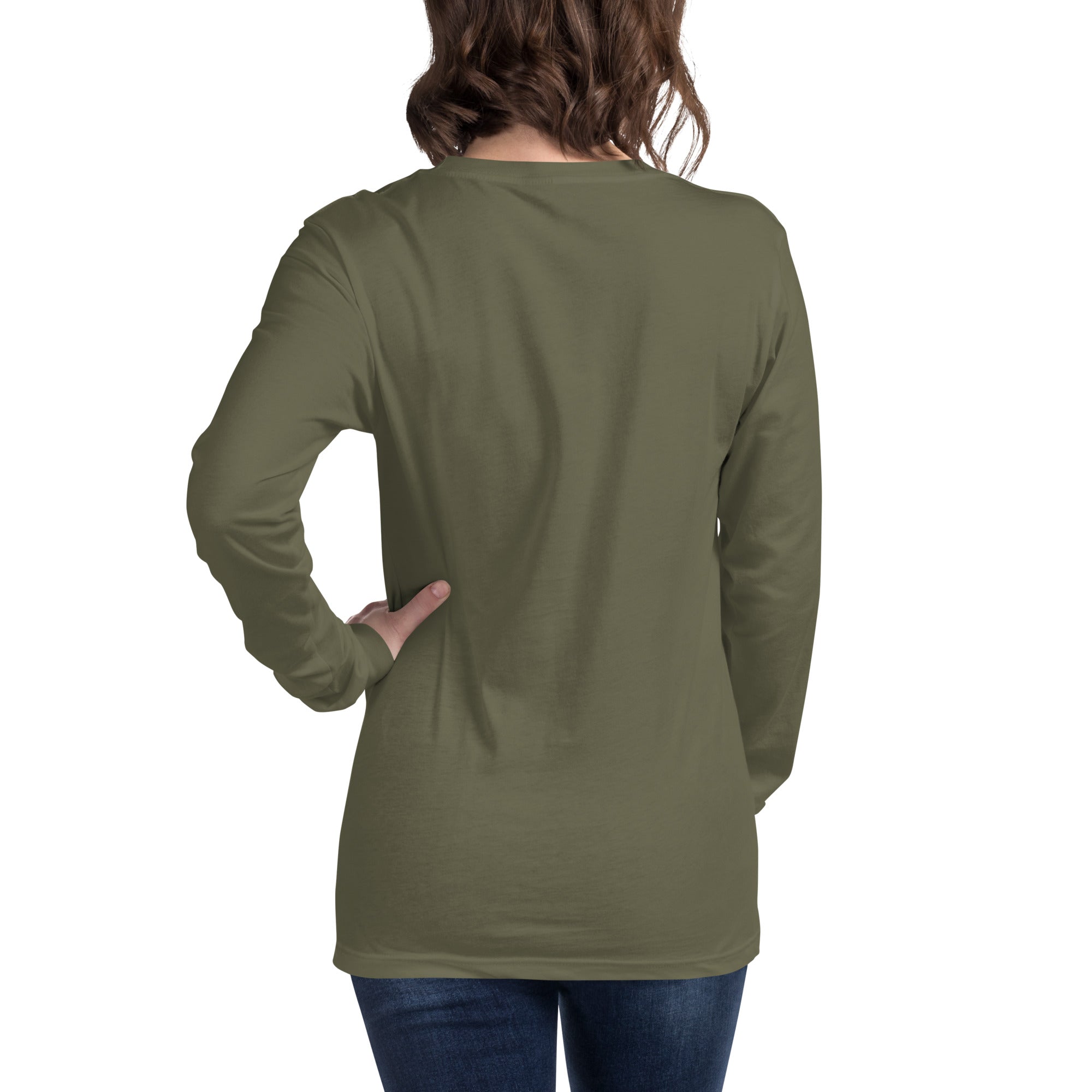women wearing a long military green sleeve tee with white asap print