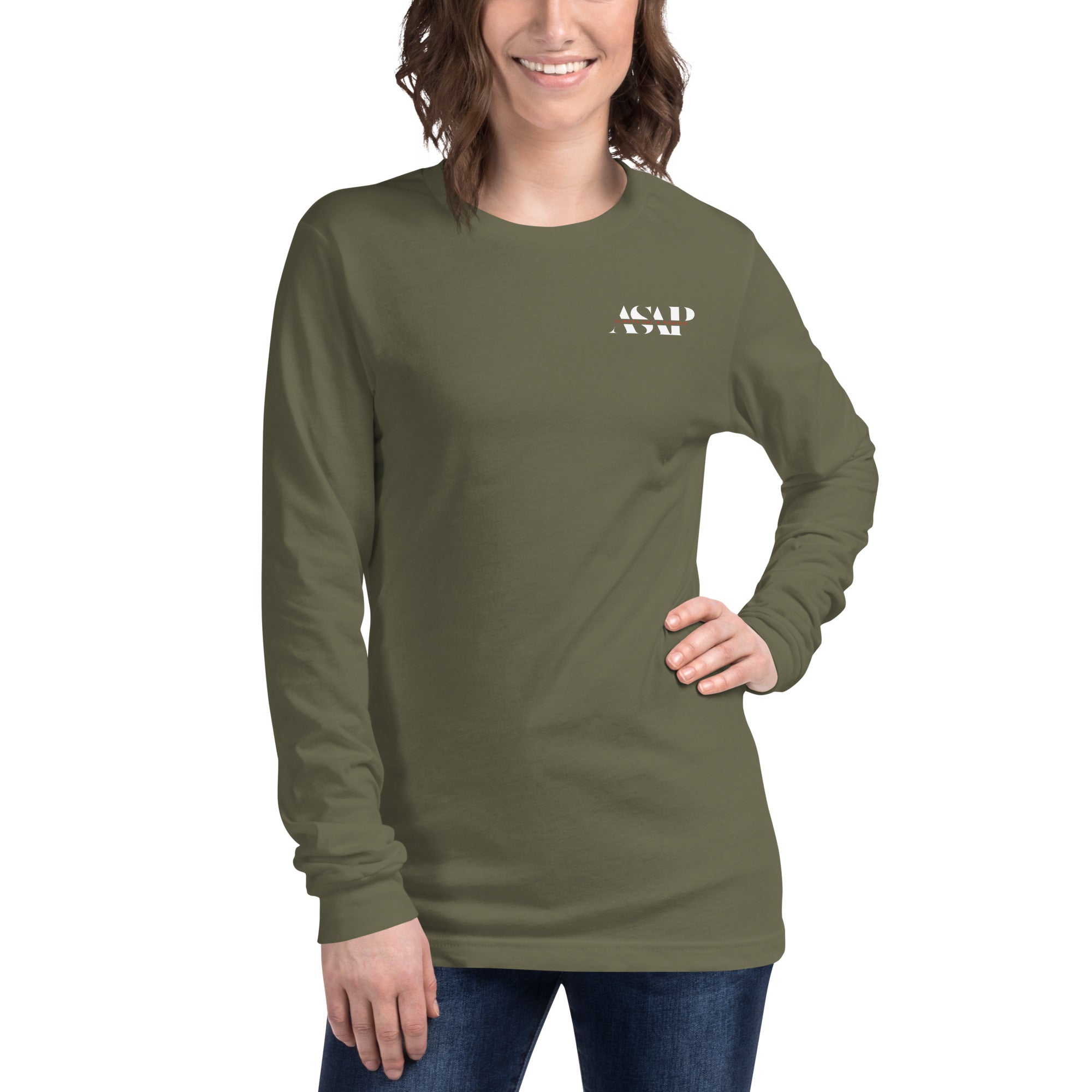women wearing a long military green sleeve tee with white asap print
