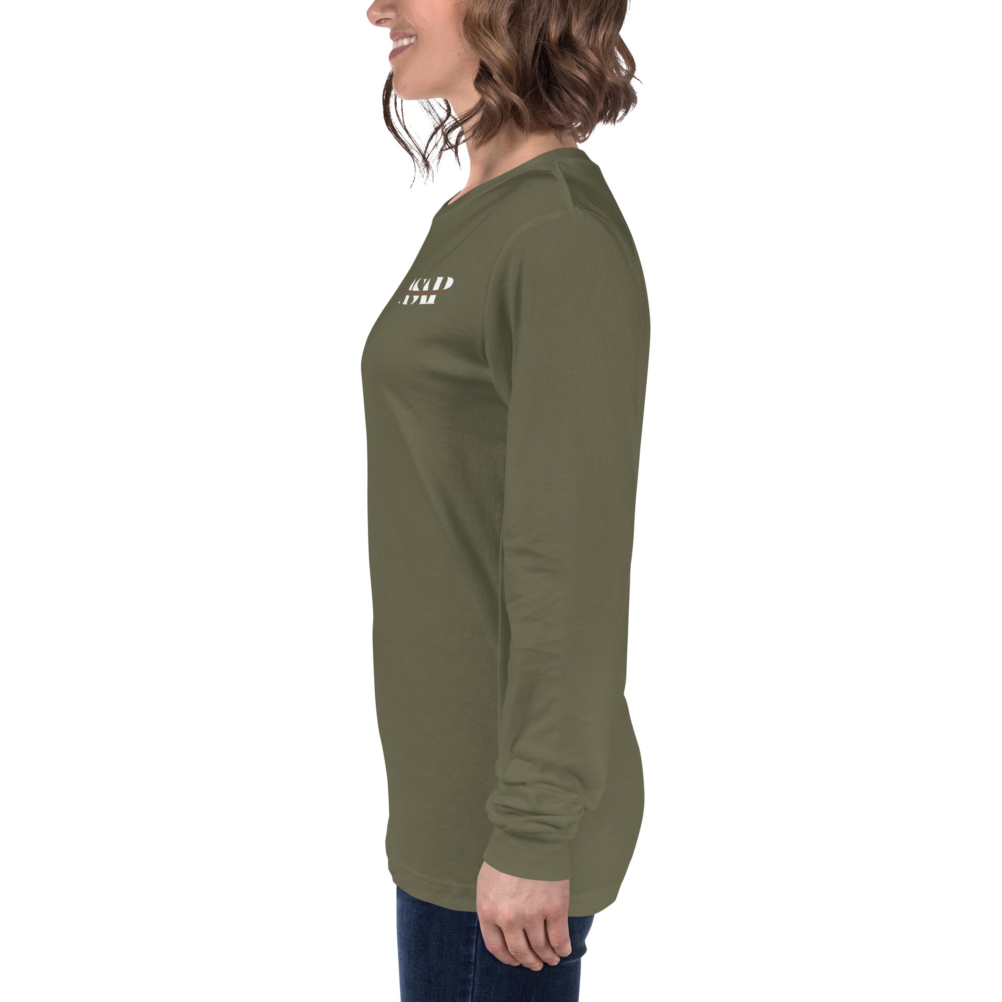 women wearing a long military green sleeve tee with white asap print