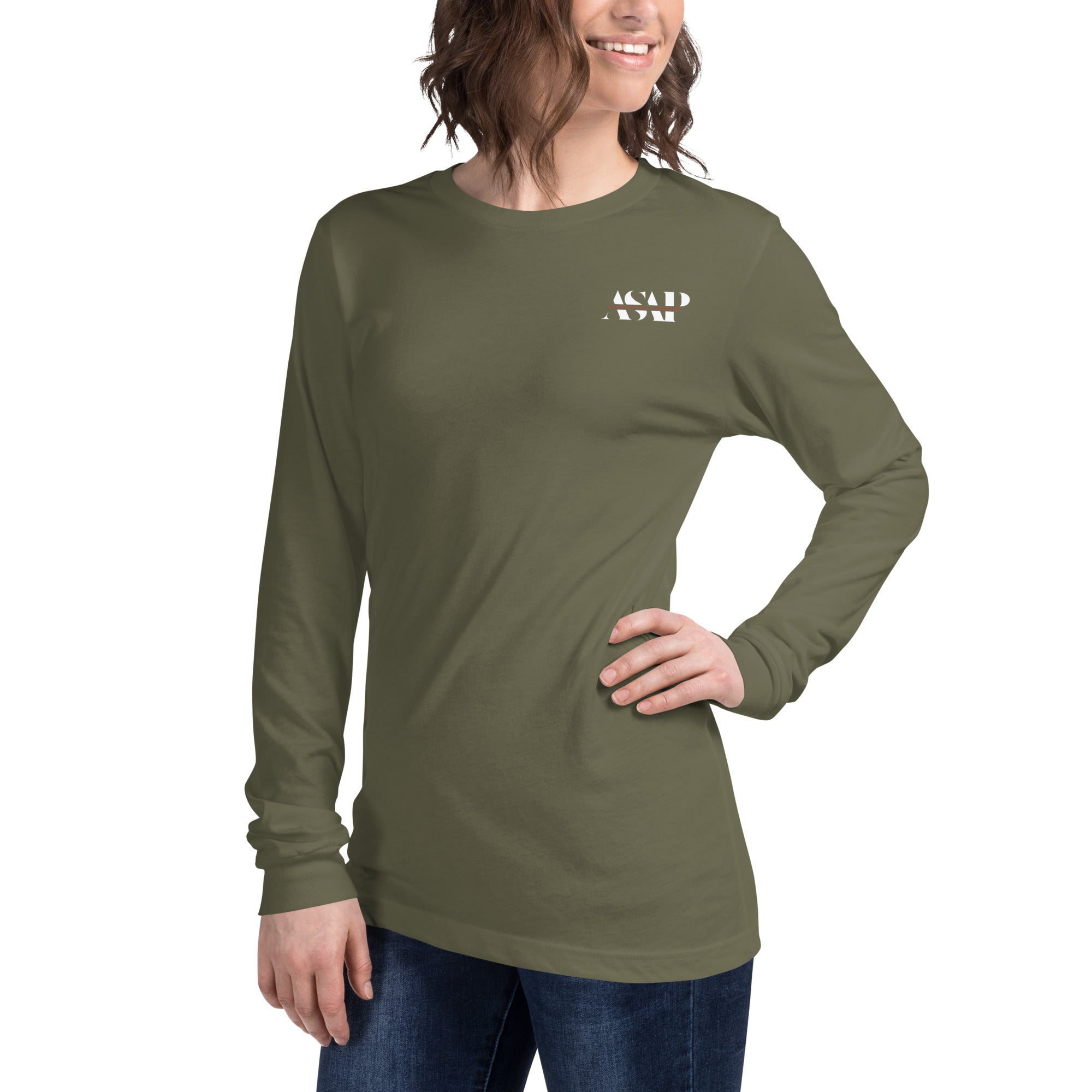 women wearing a long military green sleeve tee with white asap print
