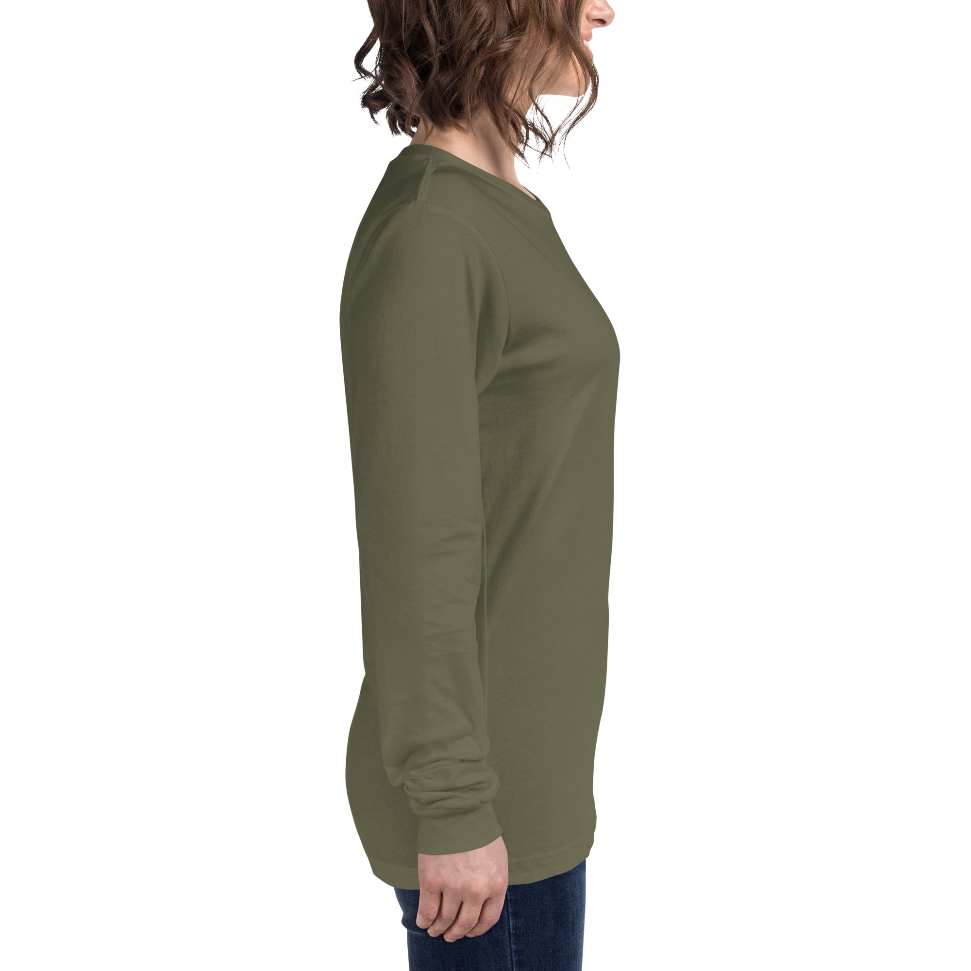 women wearing a long military green sleeve tee with white asap print