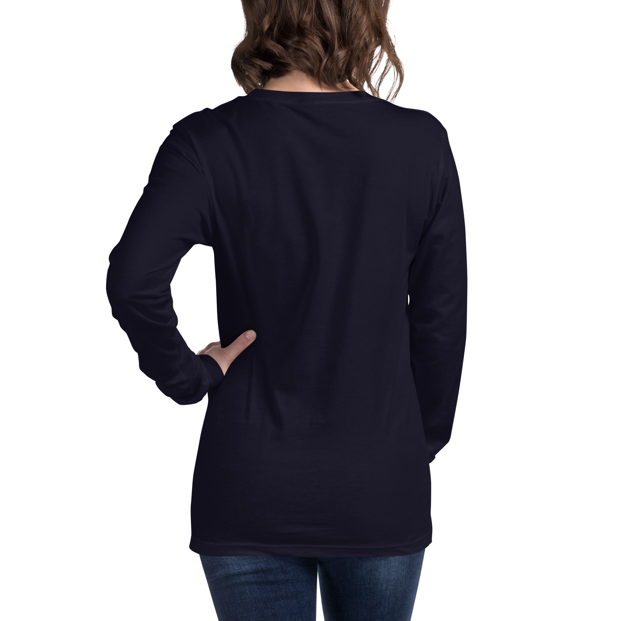 women wearing a long navy sleeve tee with white asap print