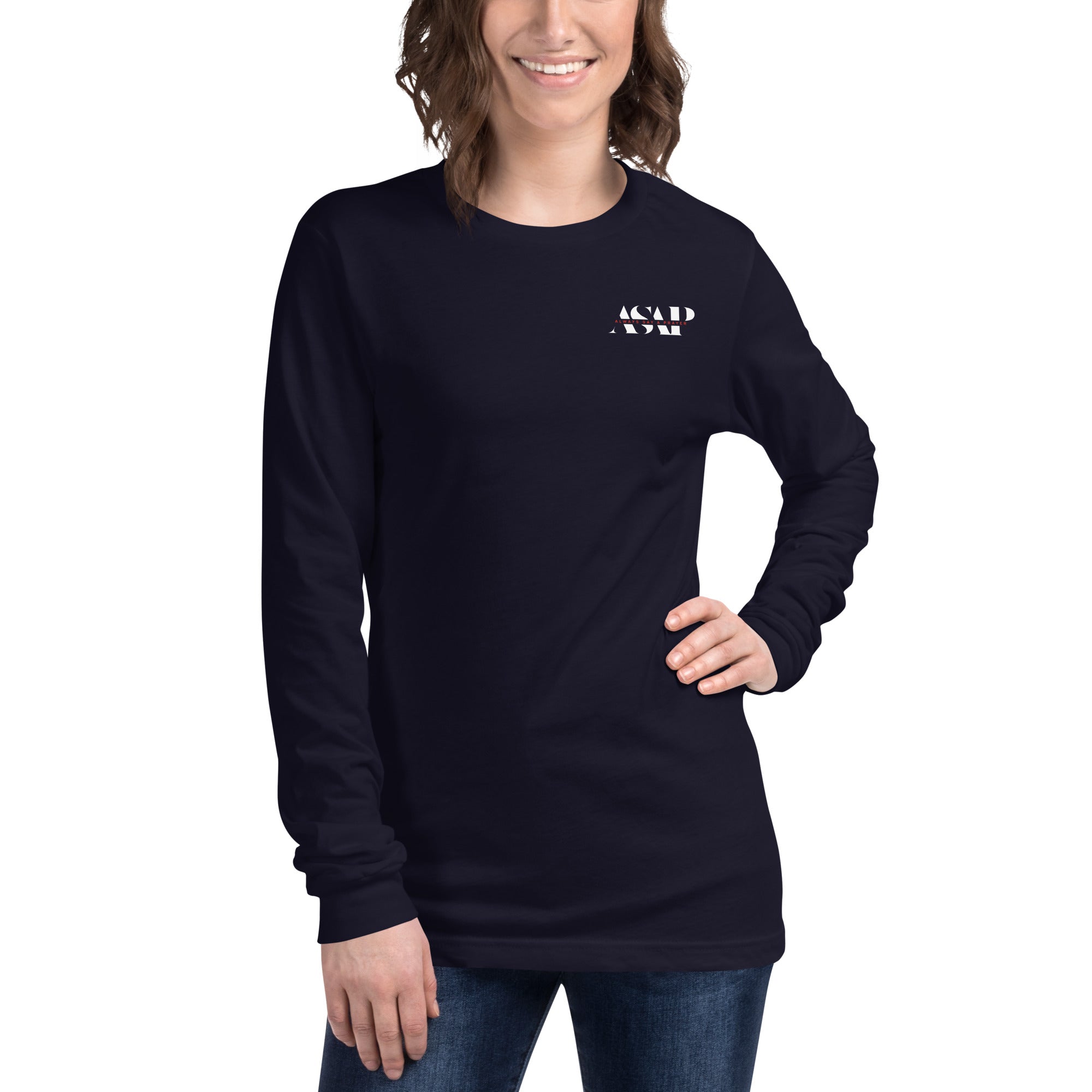 women wearing a long navy sleeve tee with white asap print