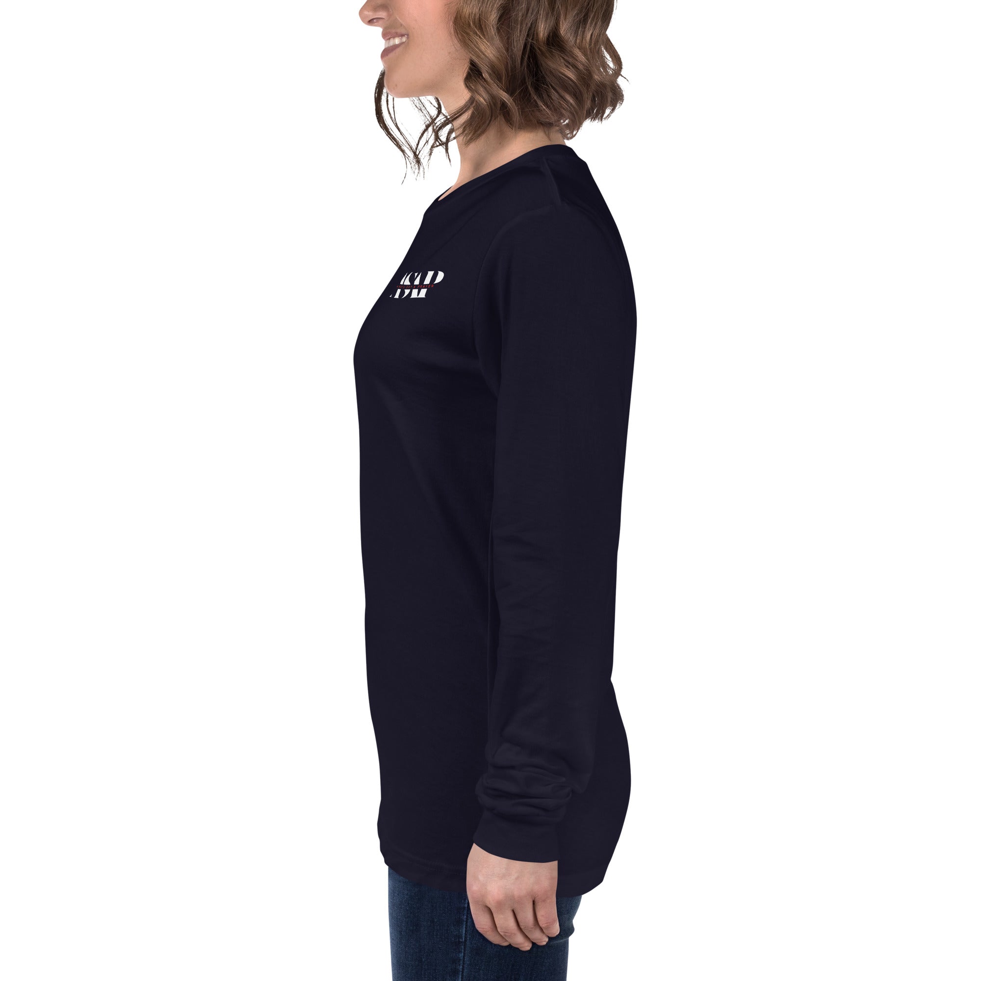 women wearing a long navy sleeve tee with white asap print