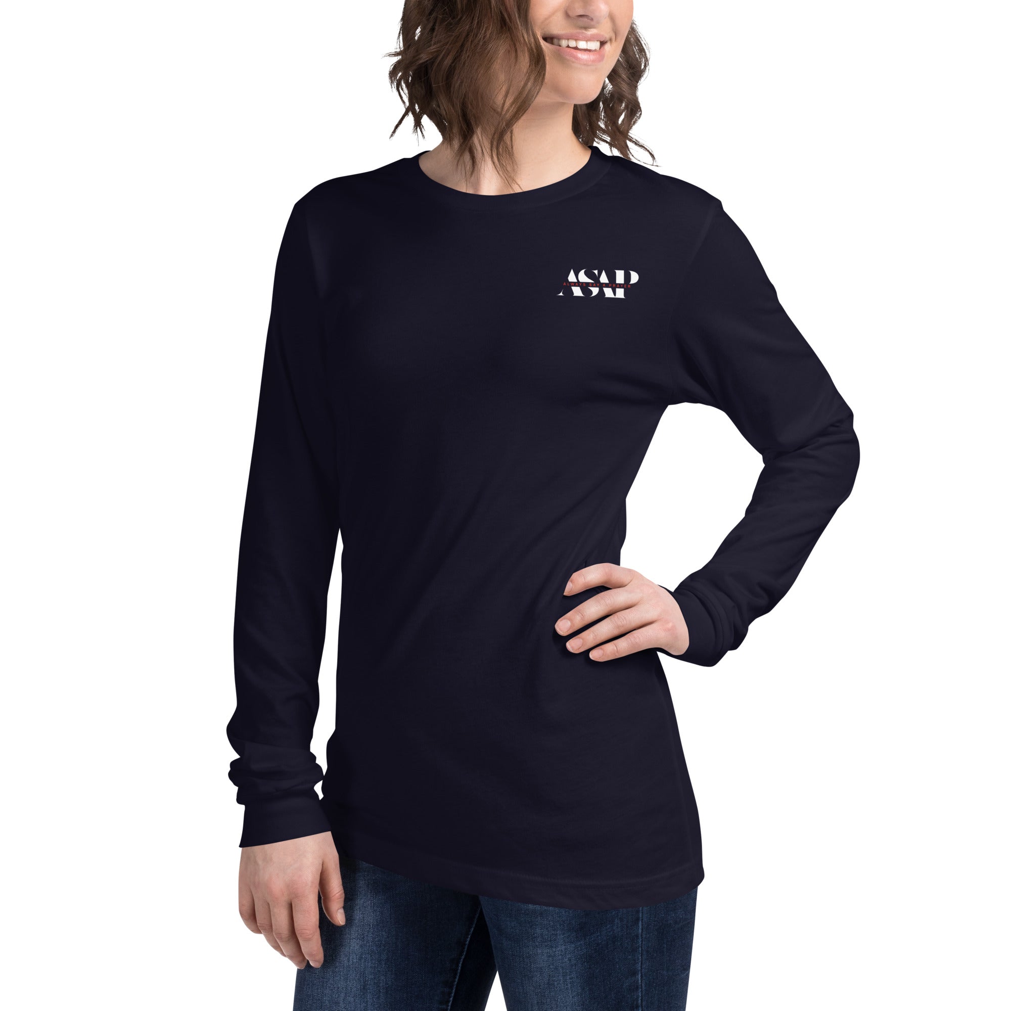 women wearing a long navy sleeve tee with white asap print