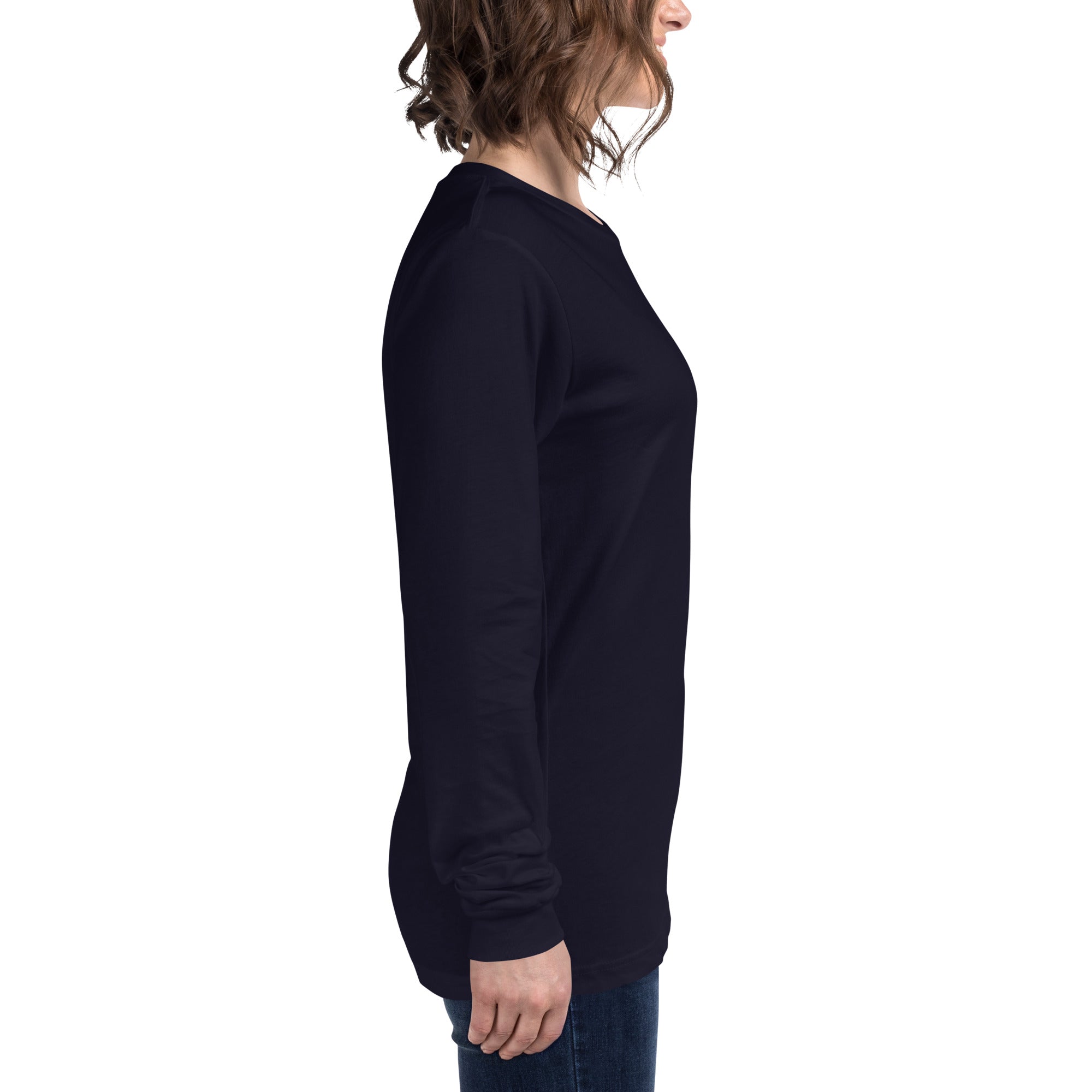 women wearing a long navy sleeve tee with white asap print