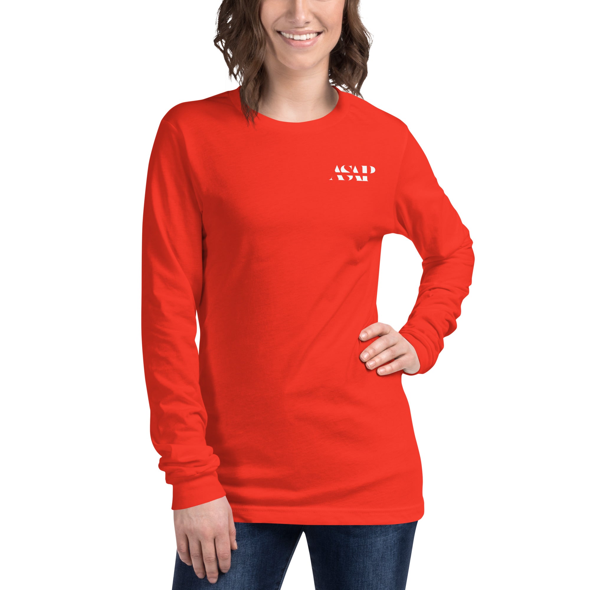 women wearing a long red sleeve tee with white asap print