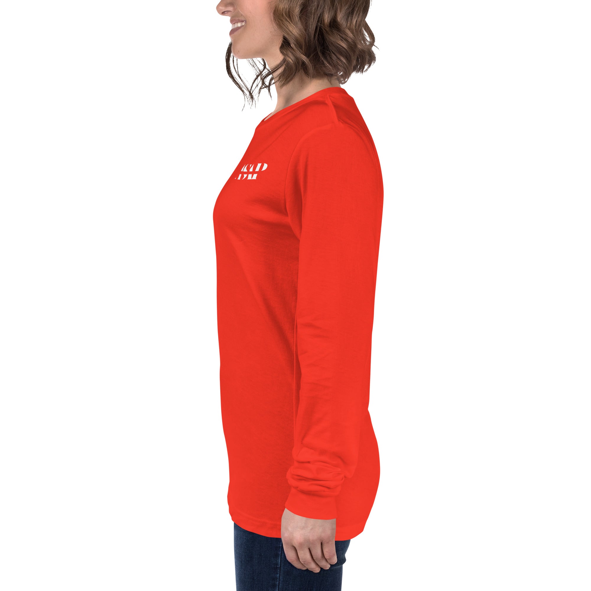 women wearing a long red sleeve tee with white asap print
