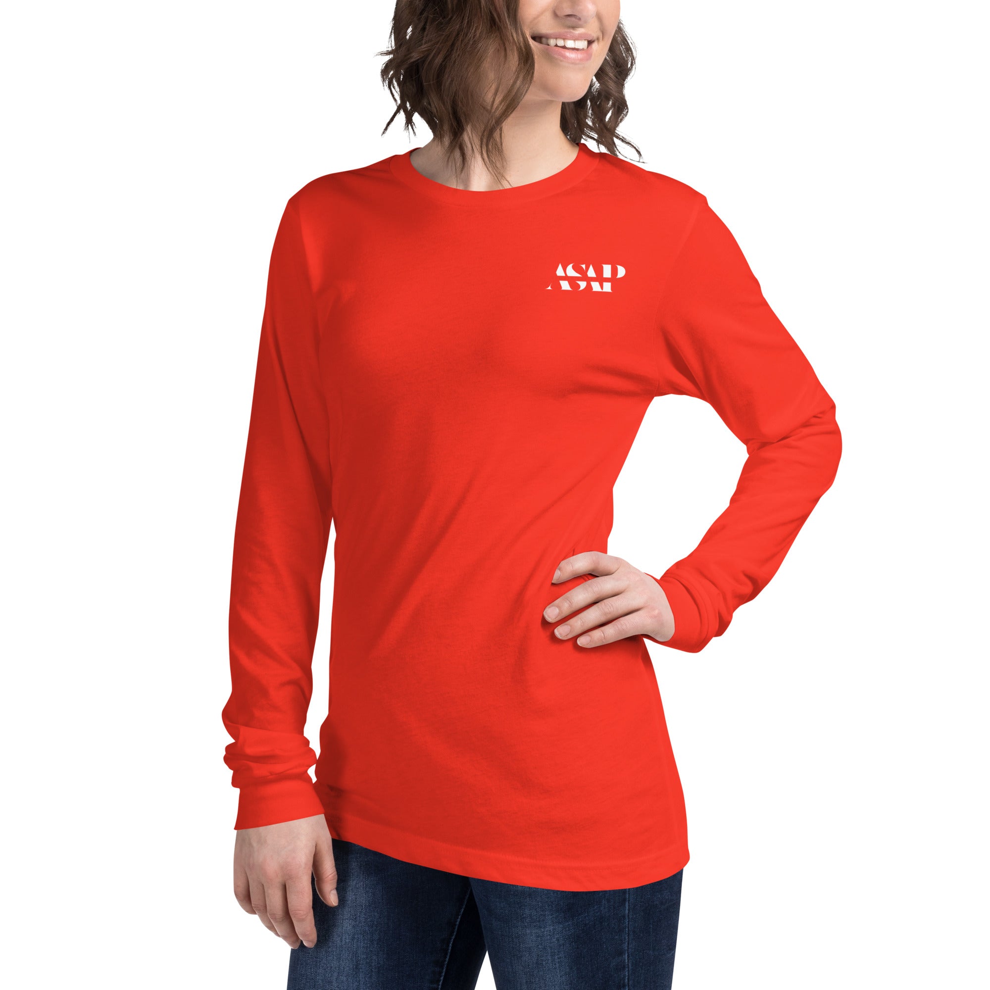 women wearing a long red sleeve tee with white asap print