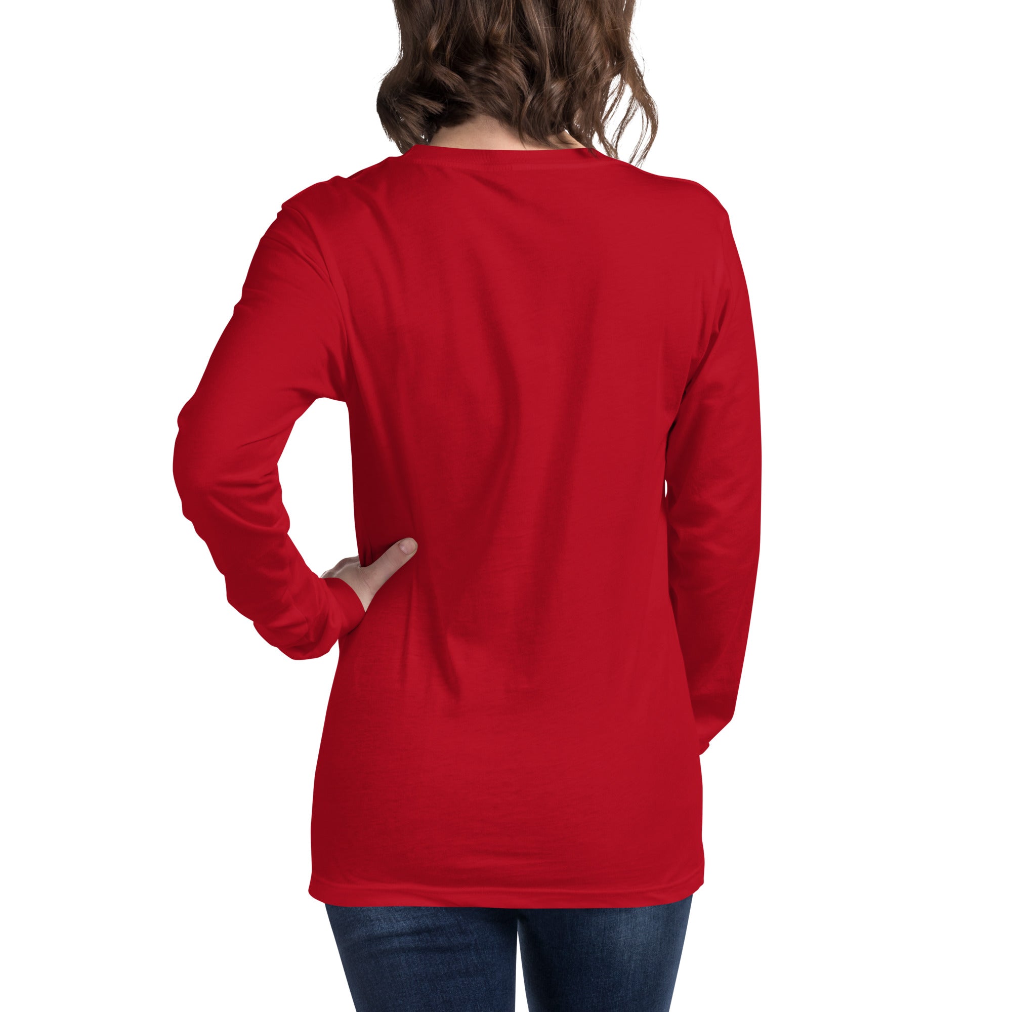 women wearing a long red maroon sleeve tee with white asap print