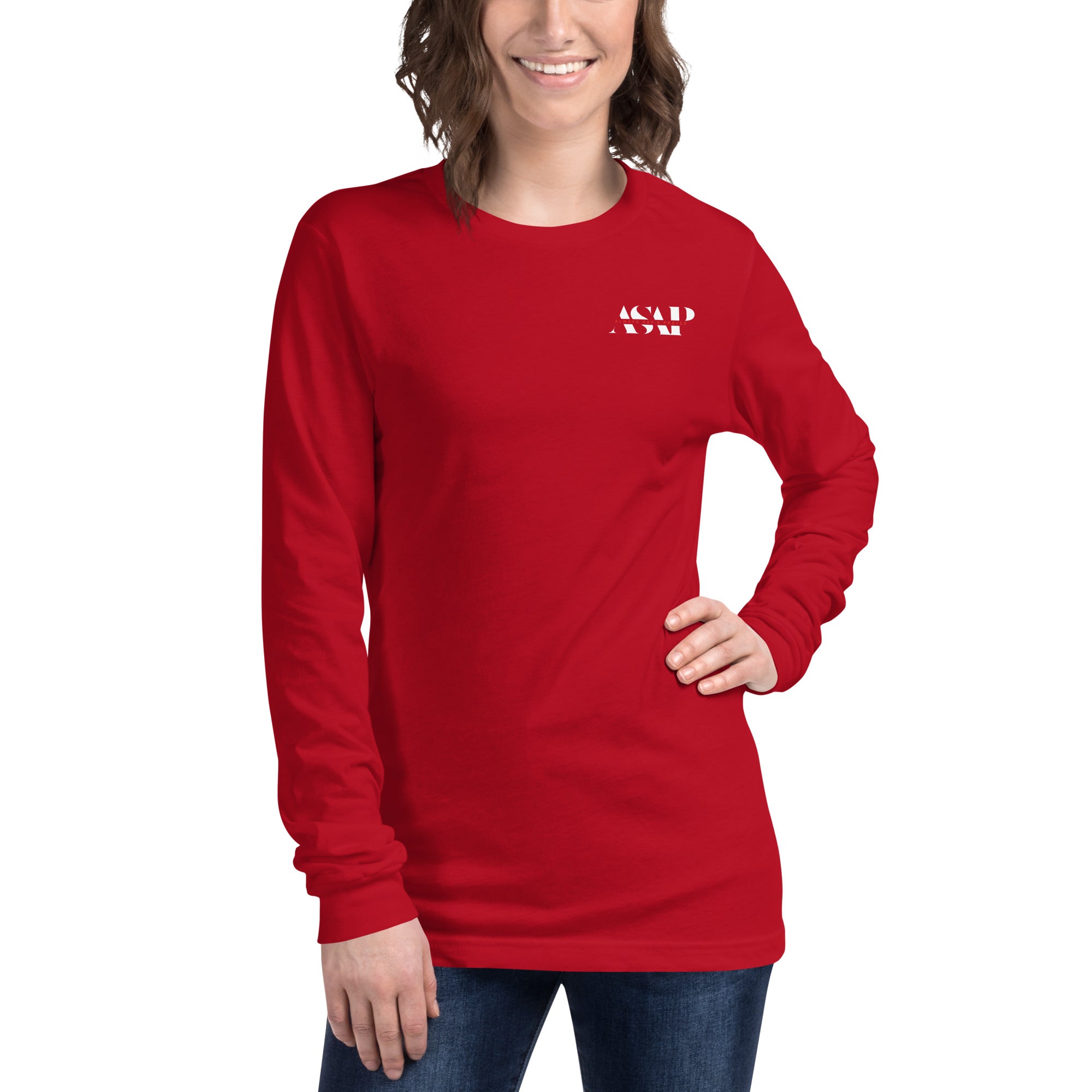 women wearing a long red maroon sleeve tee with white asap print