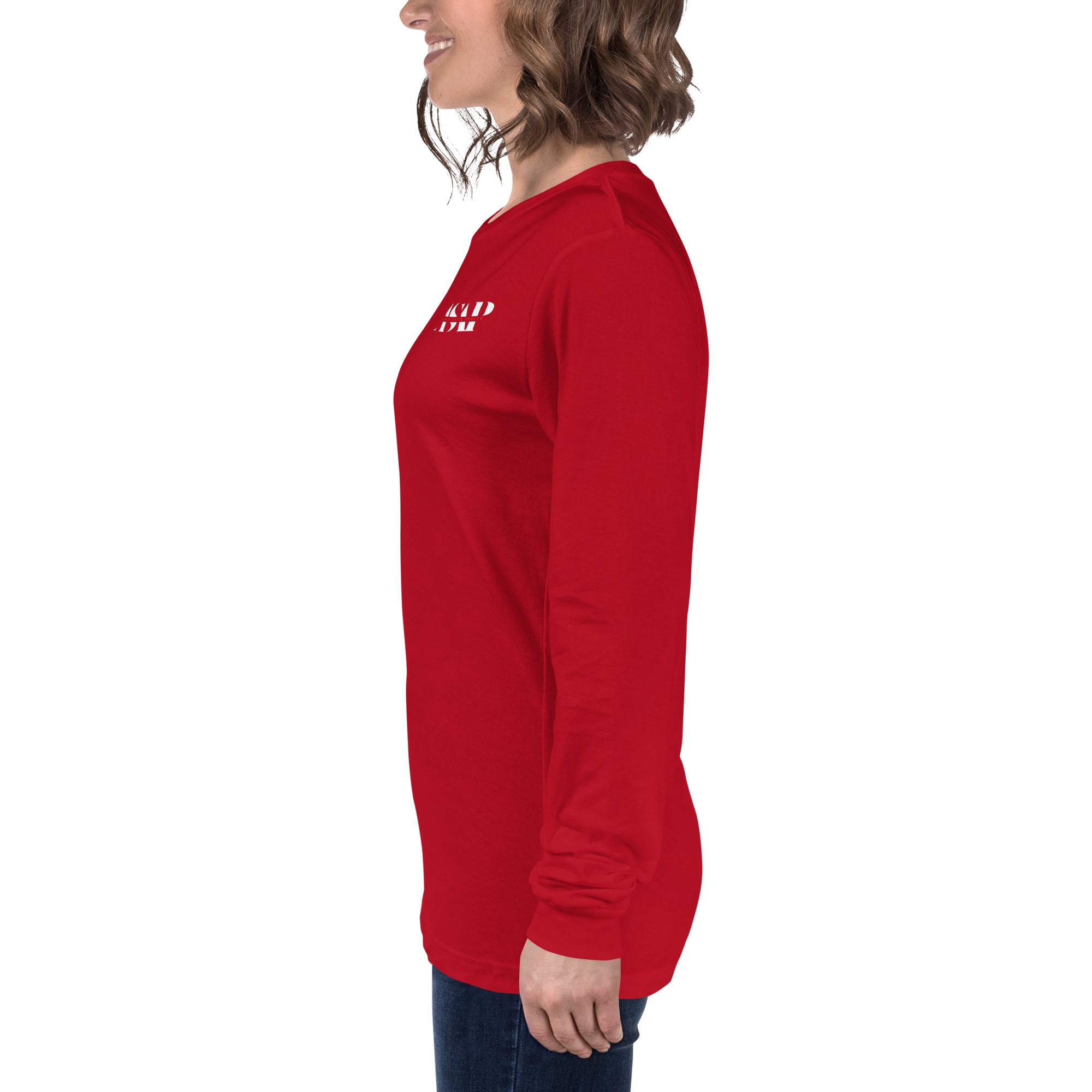 women wearing a long red maroon sleeve tee with white asap print