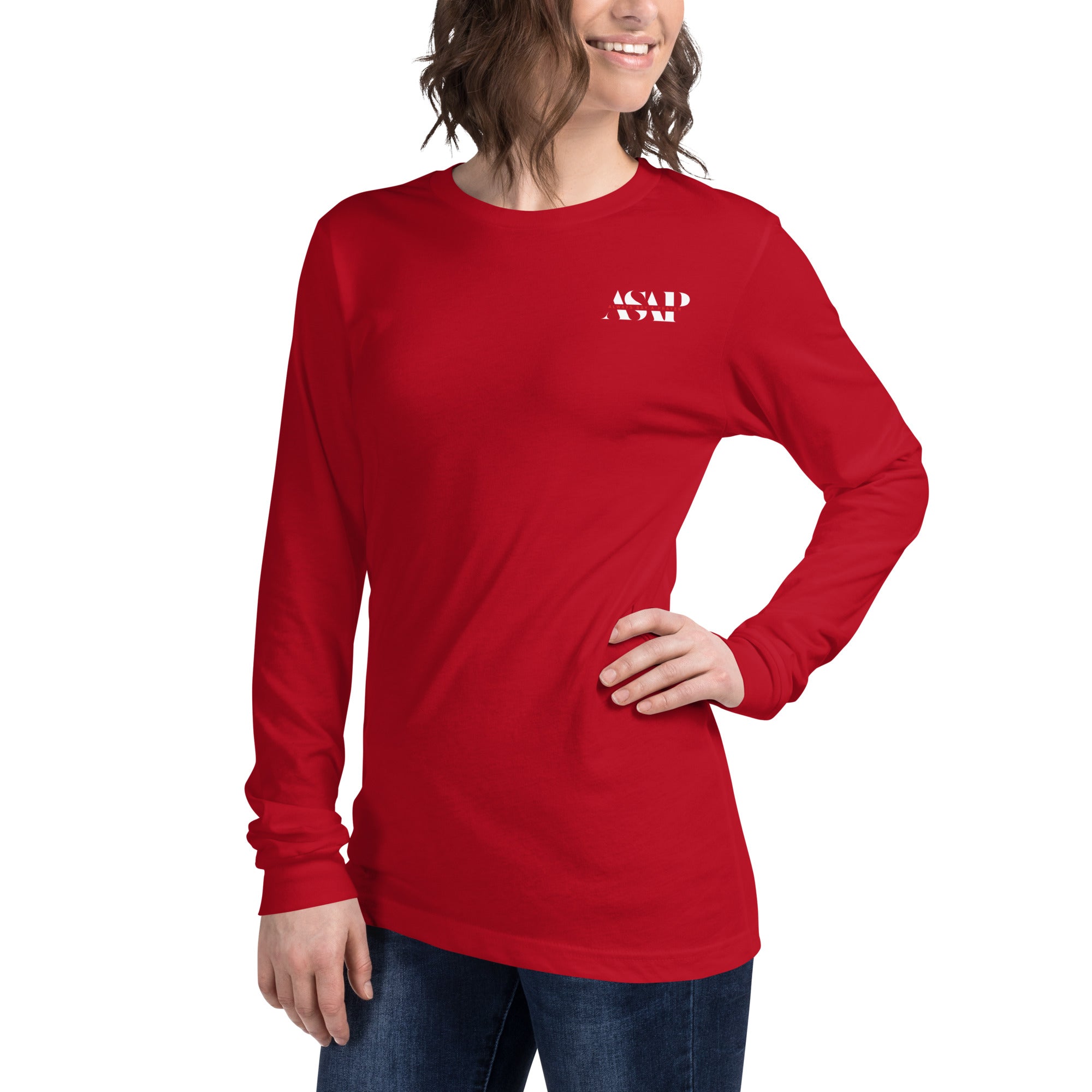 women wearing a long red maroon sleeve tee with white asap print