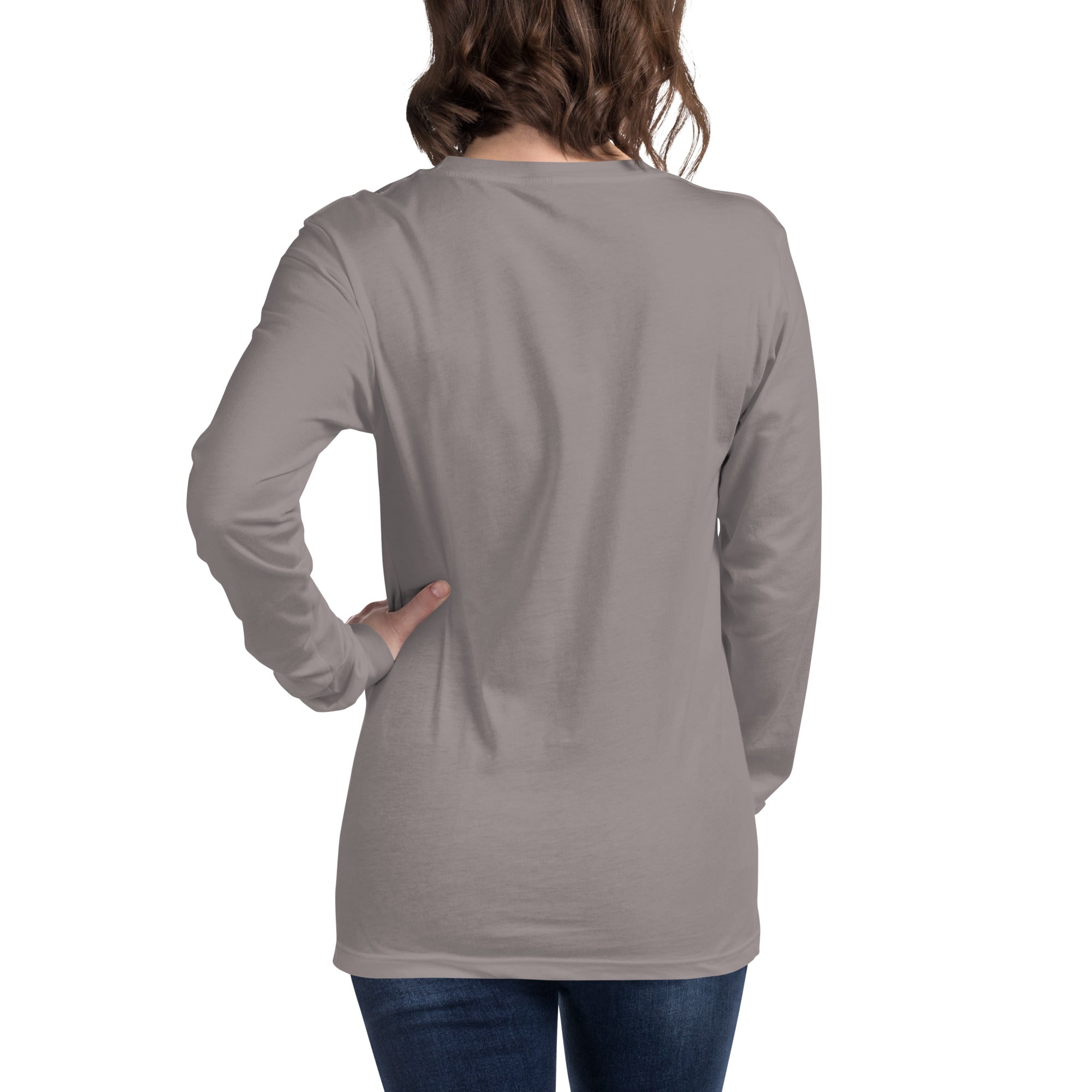 women wearing a long grey sleeve tee with white asap print