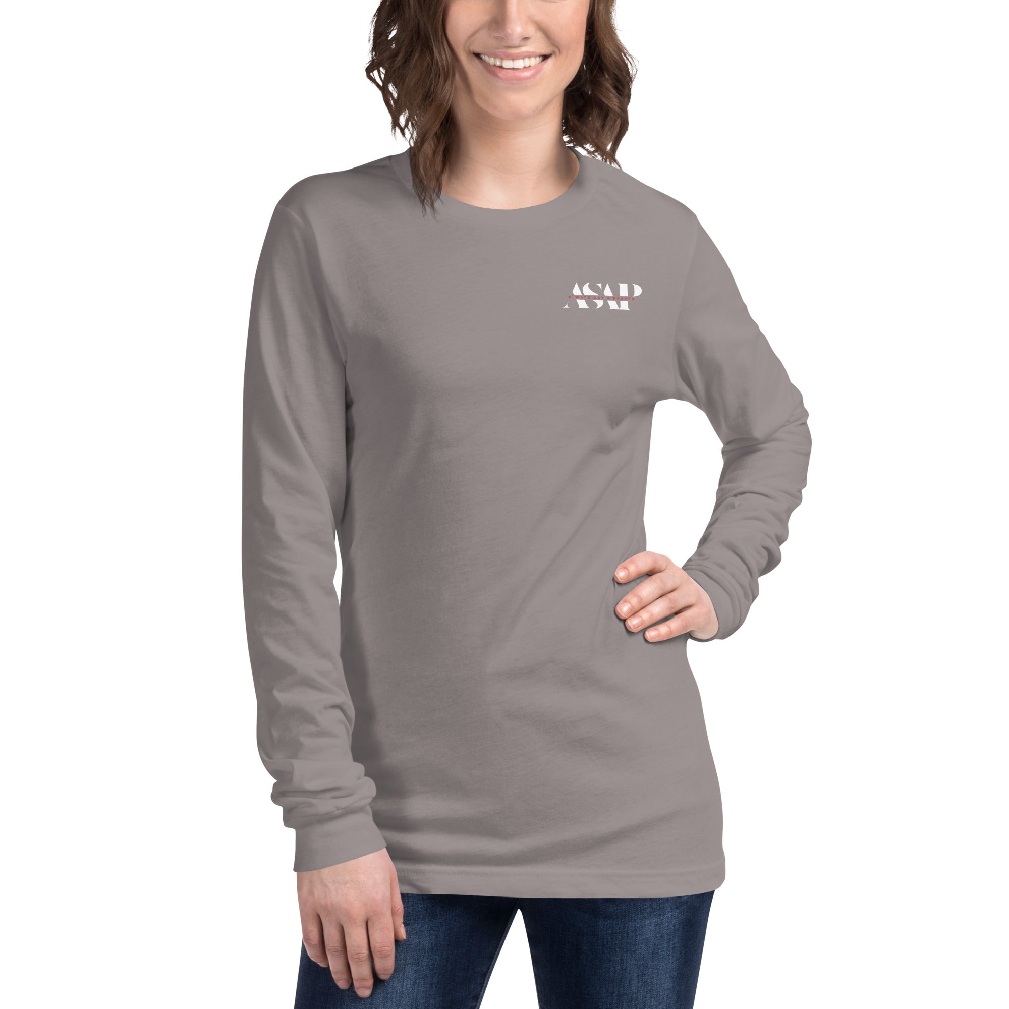 women wearing a long grey sleeve tee with white asap print