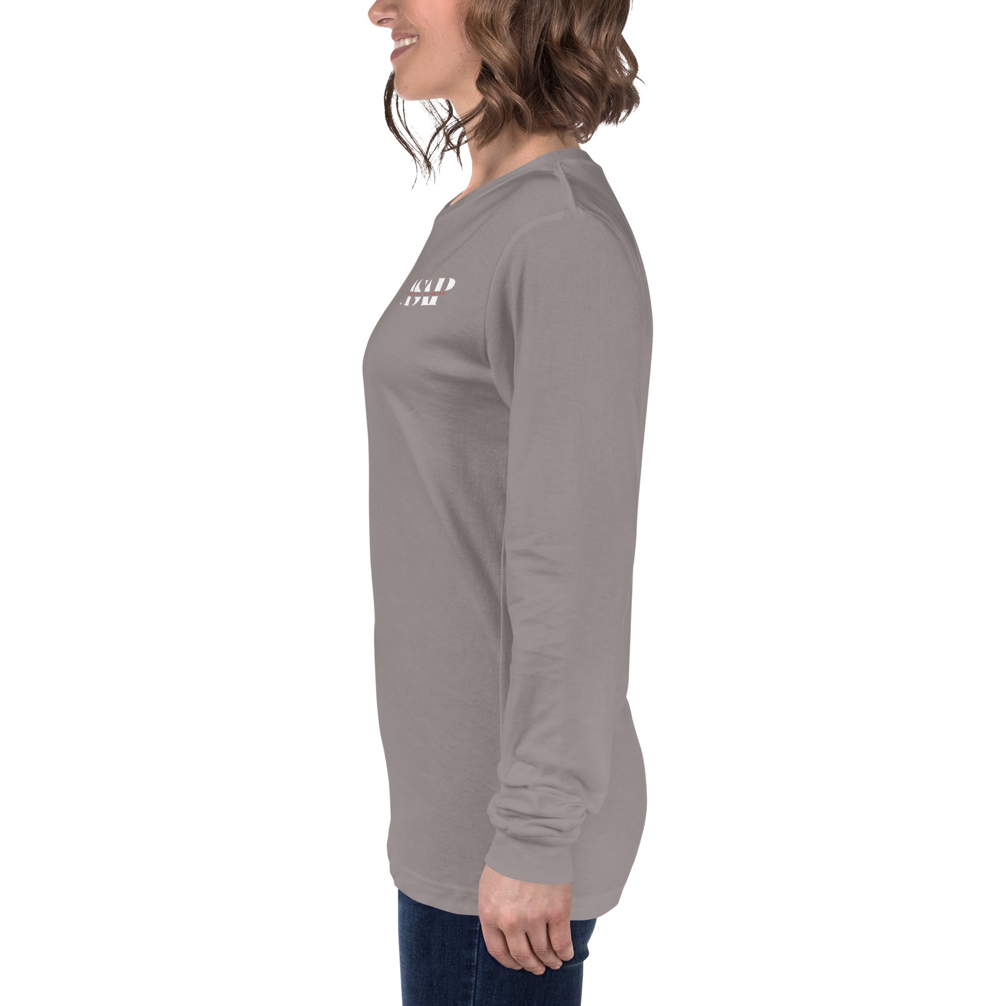 women wearing a long grey sleeve tee with white asap print