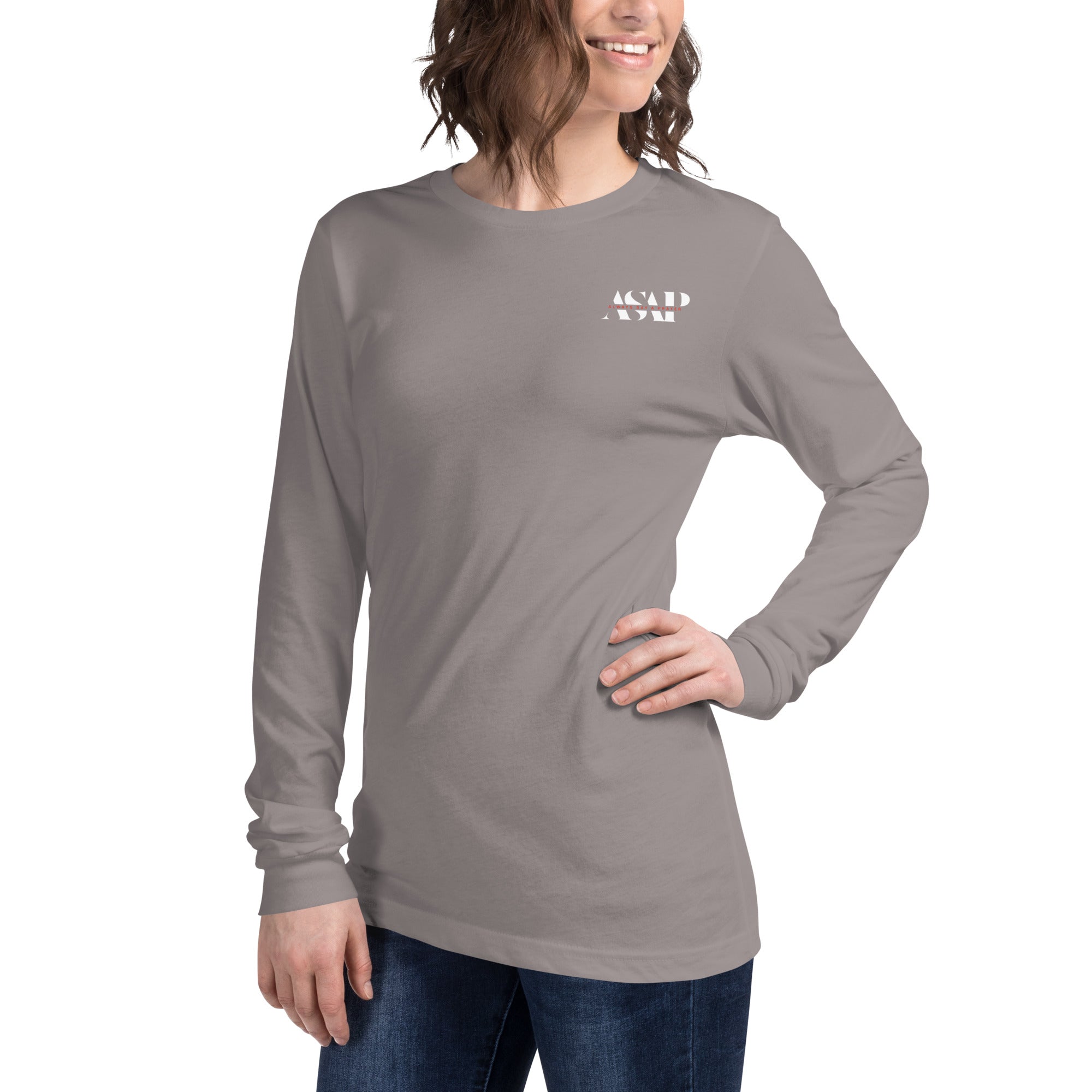women wearing a long grey sleeve tee with white asap print