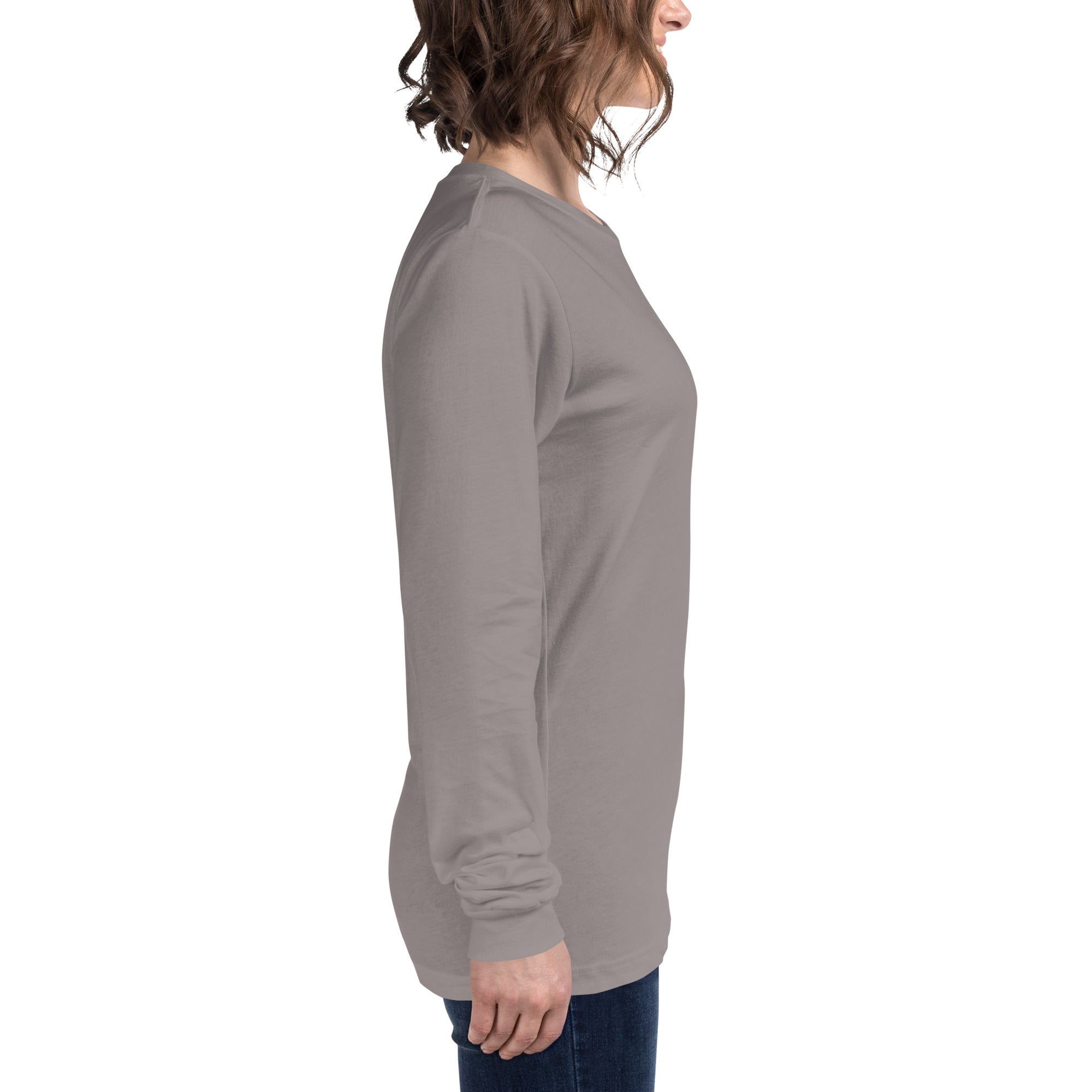 women wearing a long grey sleeve tee with white asap print