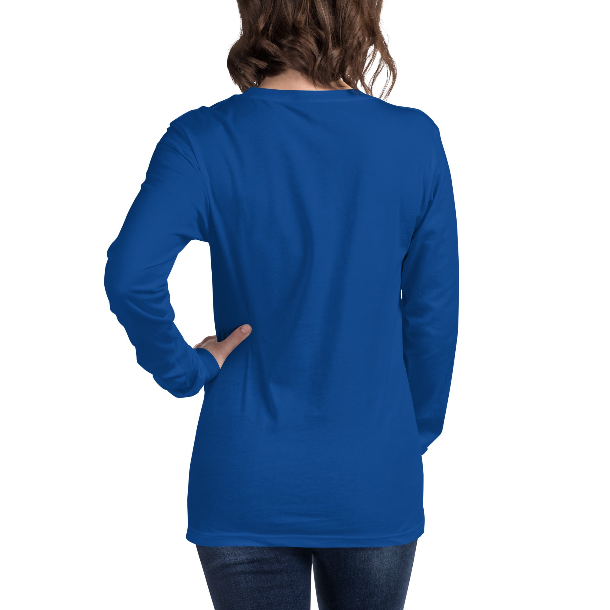 women wearing a long royal sleeve tee with white asap print