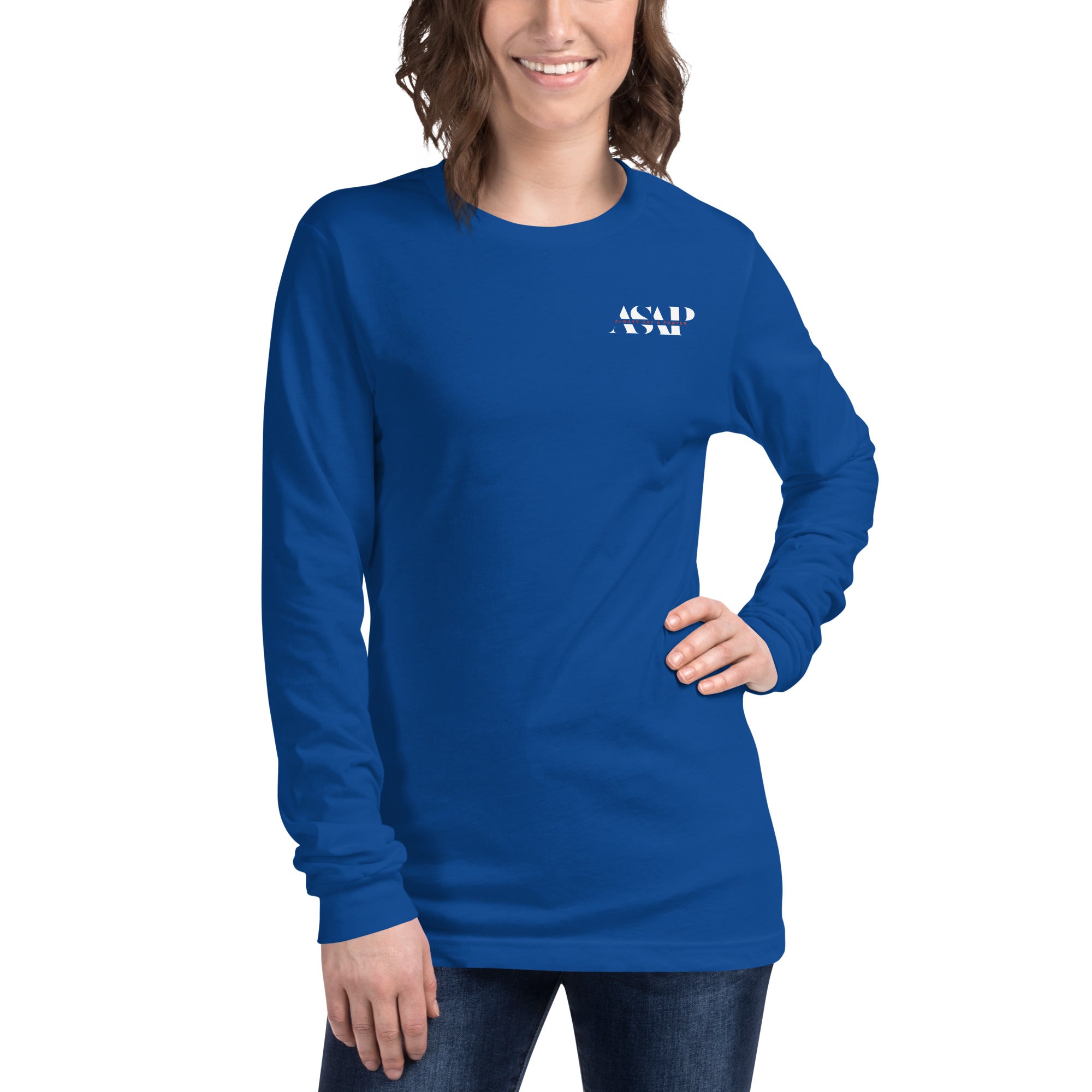 women wearing a long royal sleeve tee with white asap print