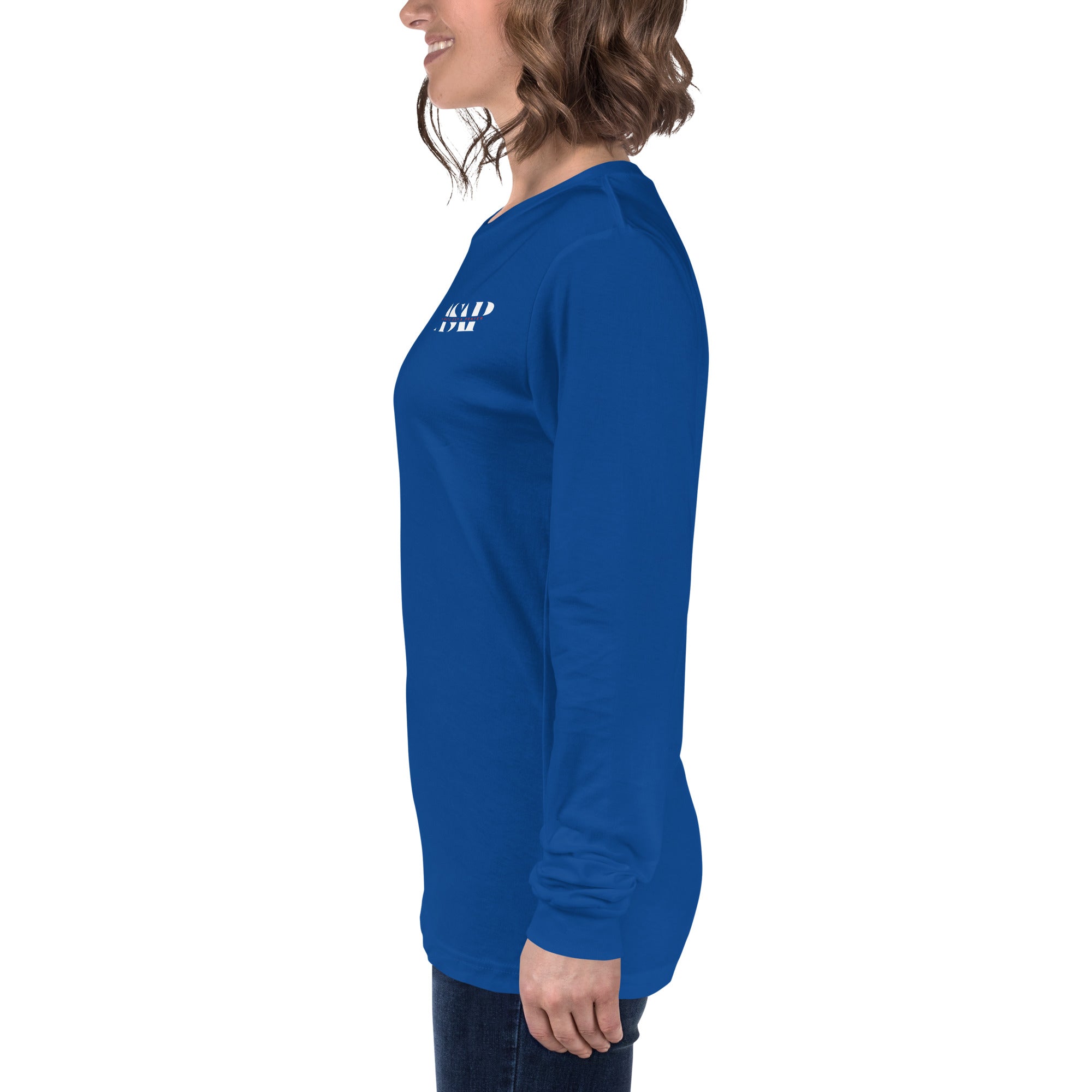 women wearing a long royal sleeve tee with white asap print