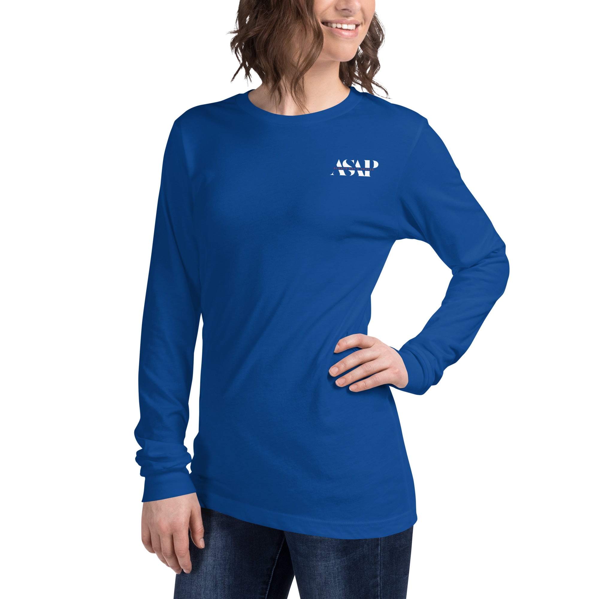 women wearing a long royal sleeve tee with white asap print