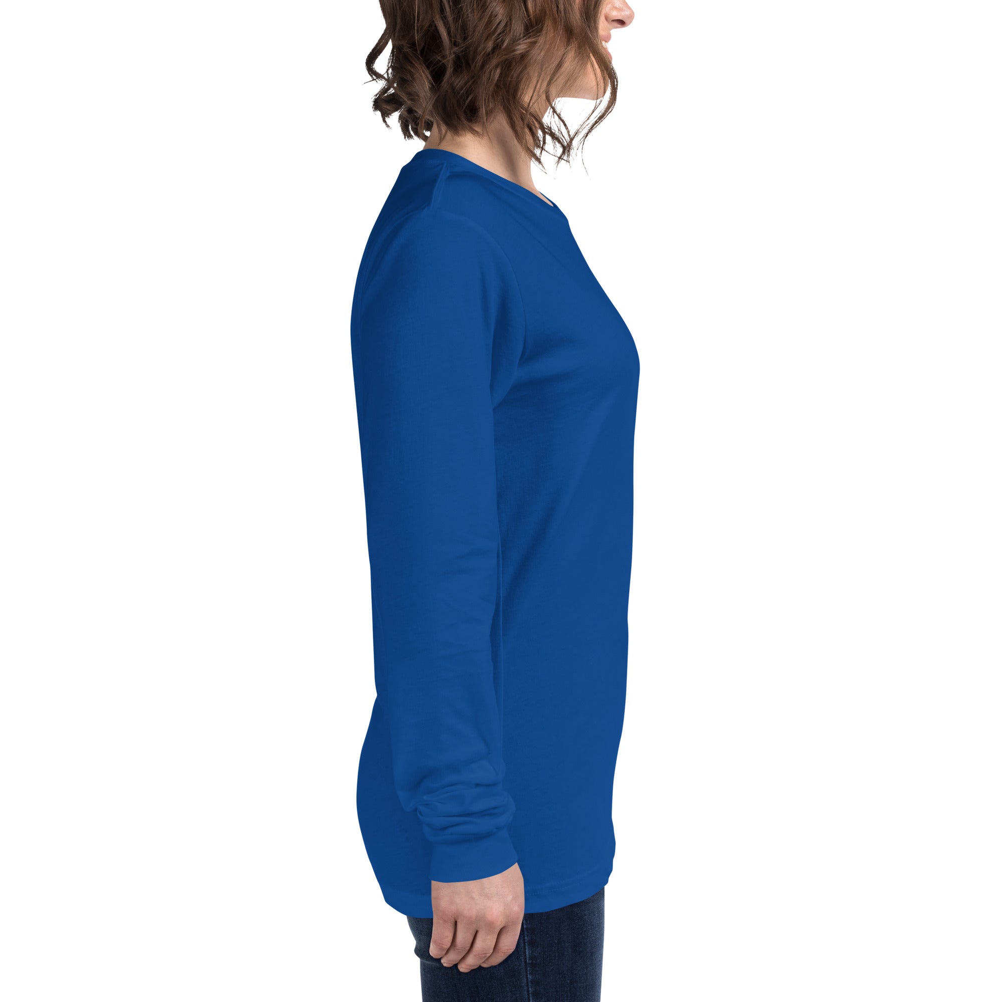 women wearing a long royal sleeve tee with white asap print