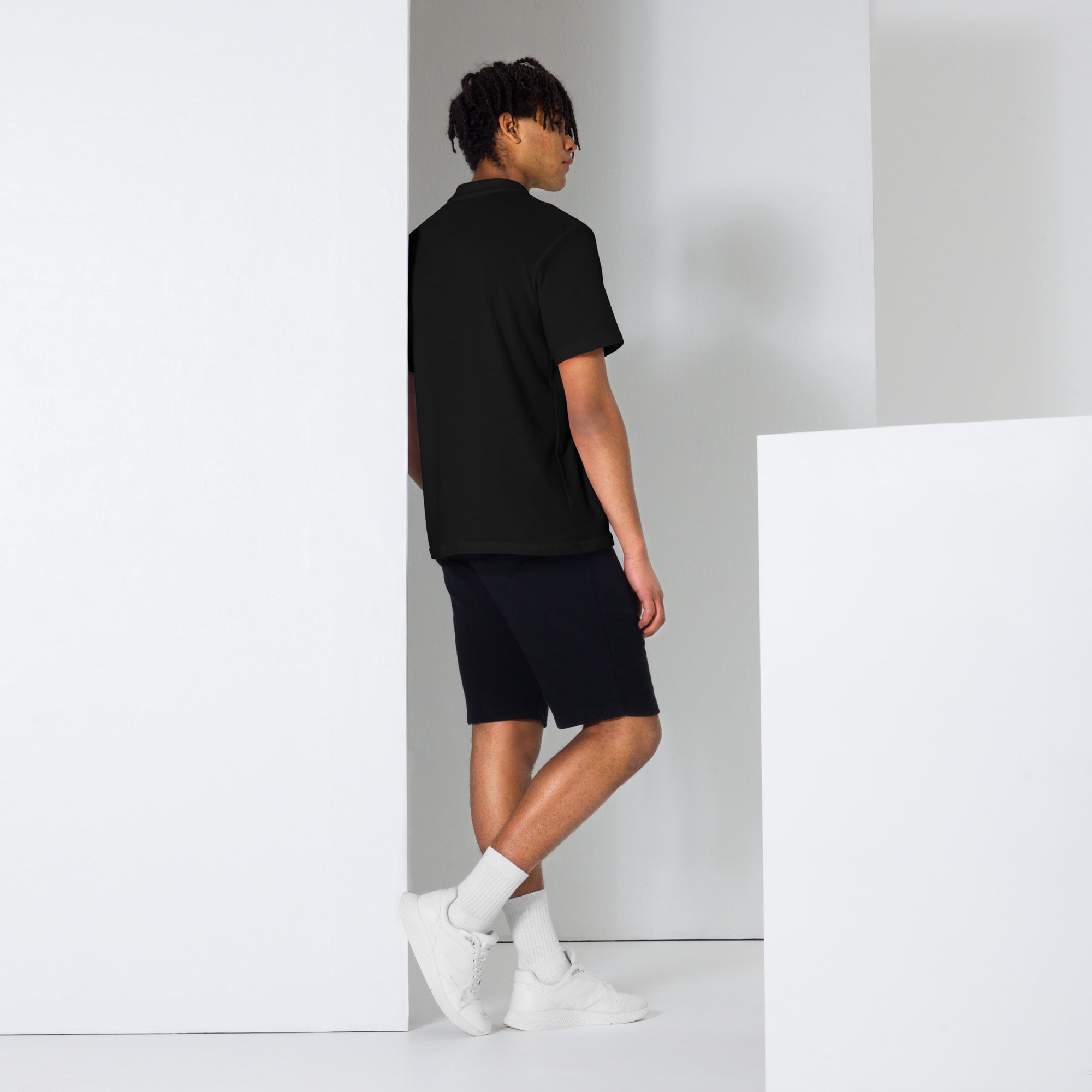 black unisex pique polo shirt with white asap print