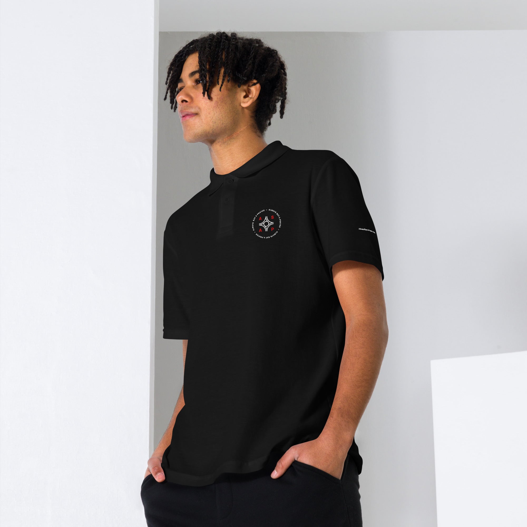black unisex pique polo shirt with white asap print