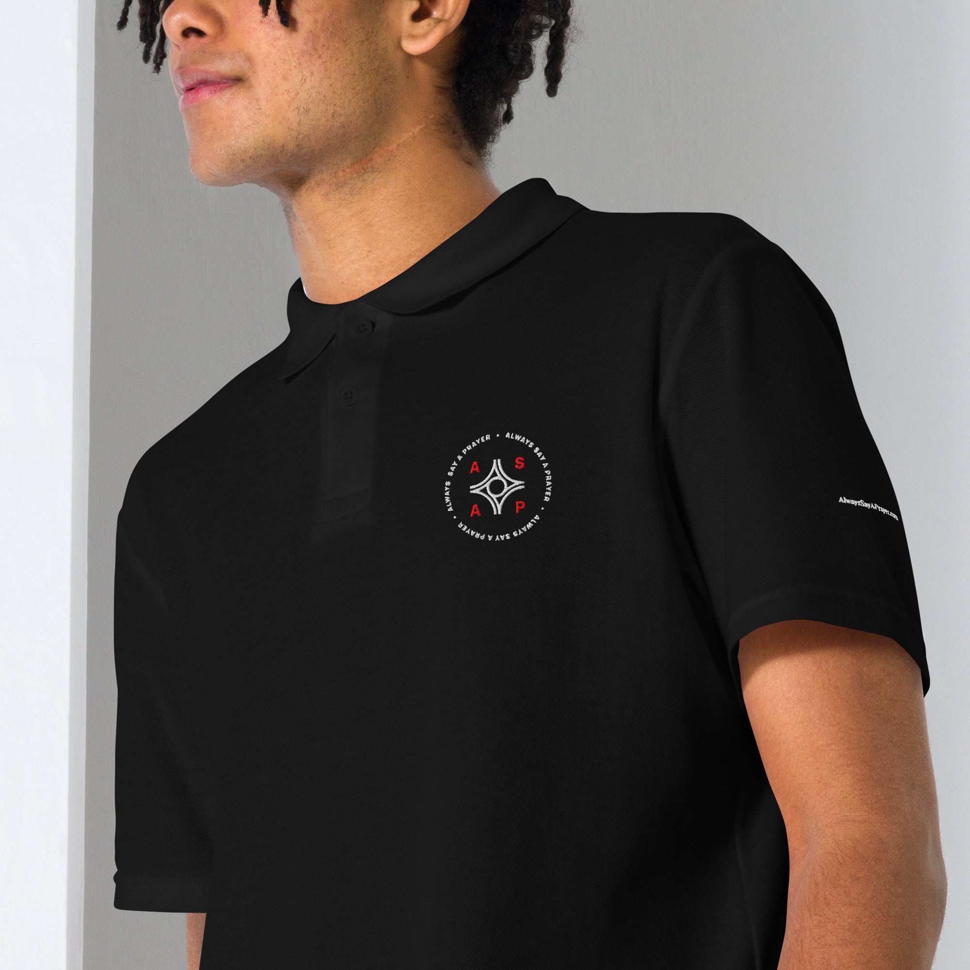 black unisex pique polo shirt with white asap print