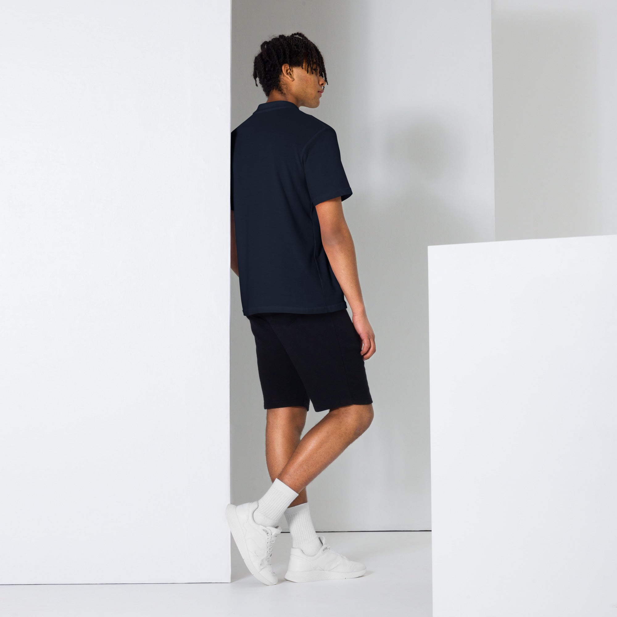 navy blue unisex pique polo shirt with white asap print