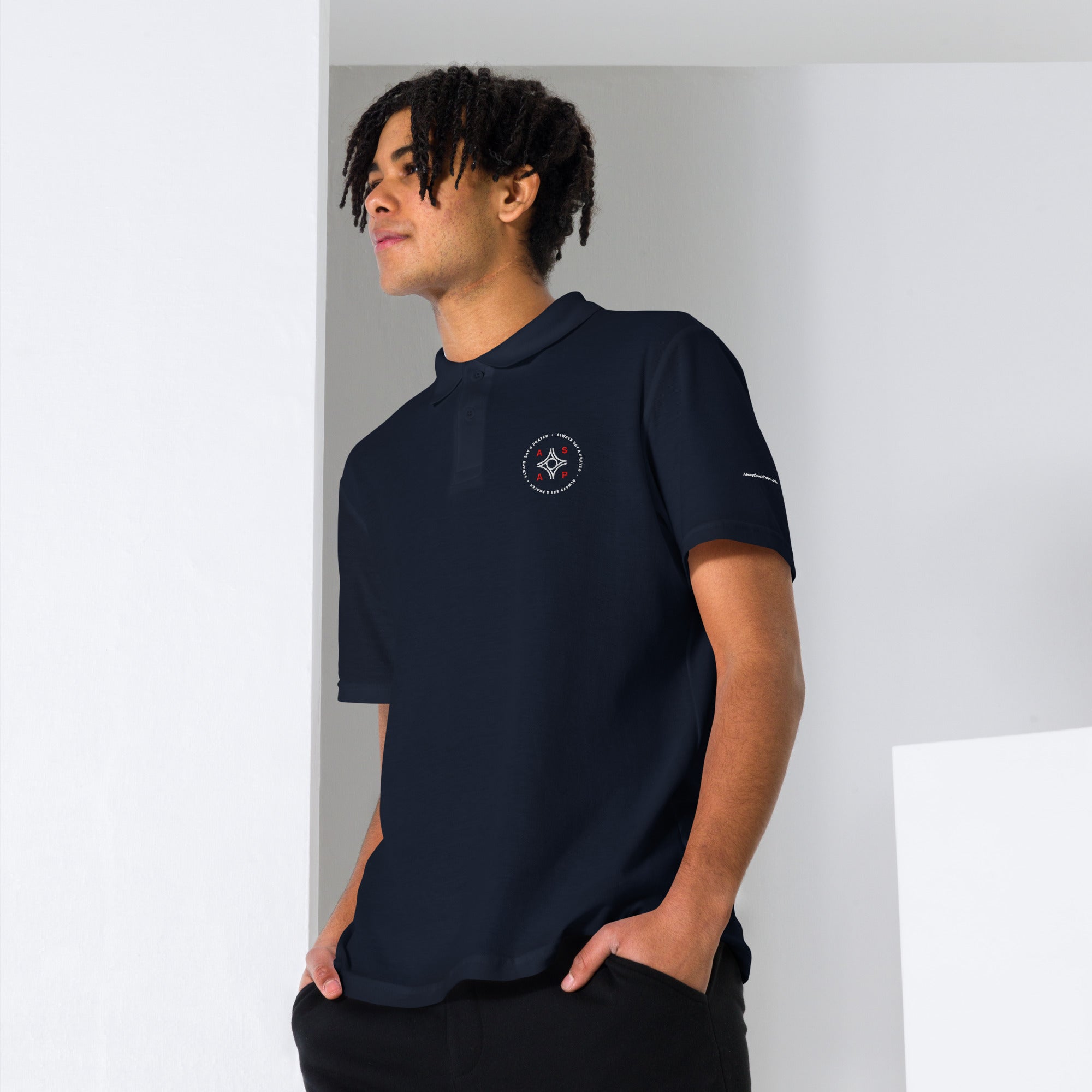 navy blue unisex pique polo shirt with white asap print
