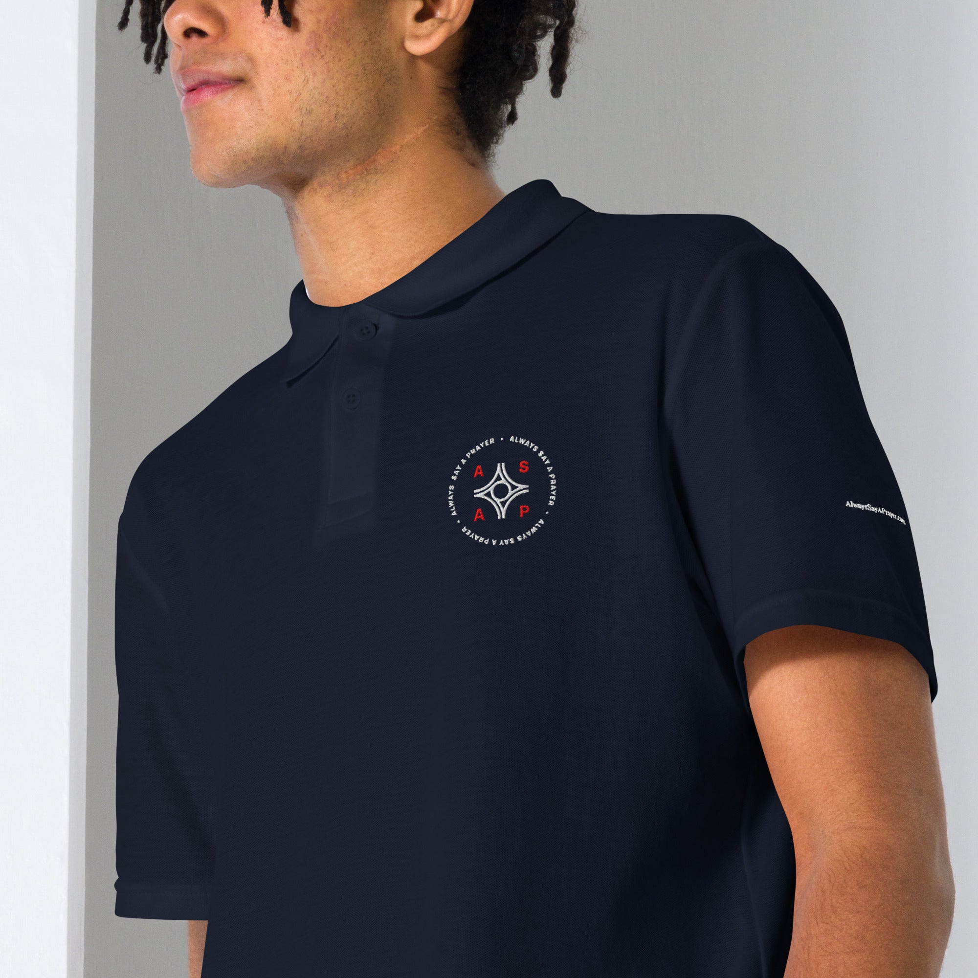 navy blue unisex pique polo shirt with white asap print