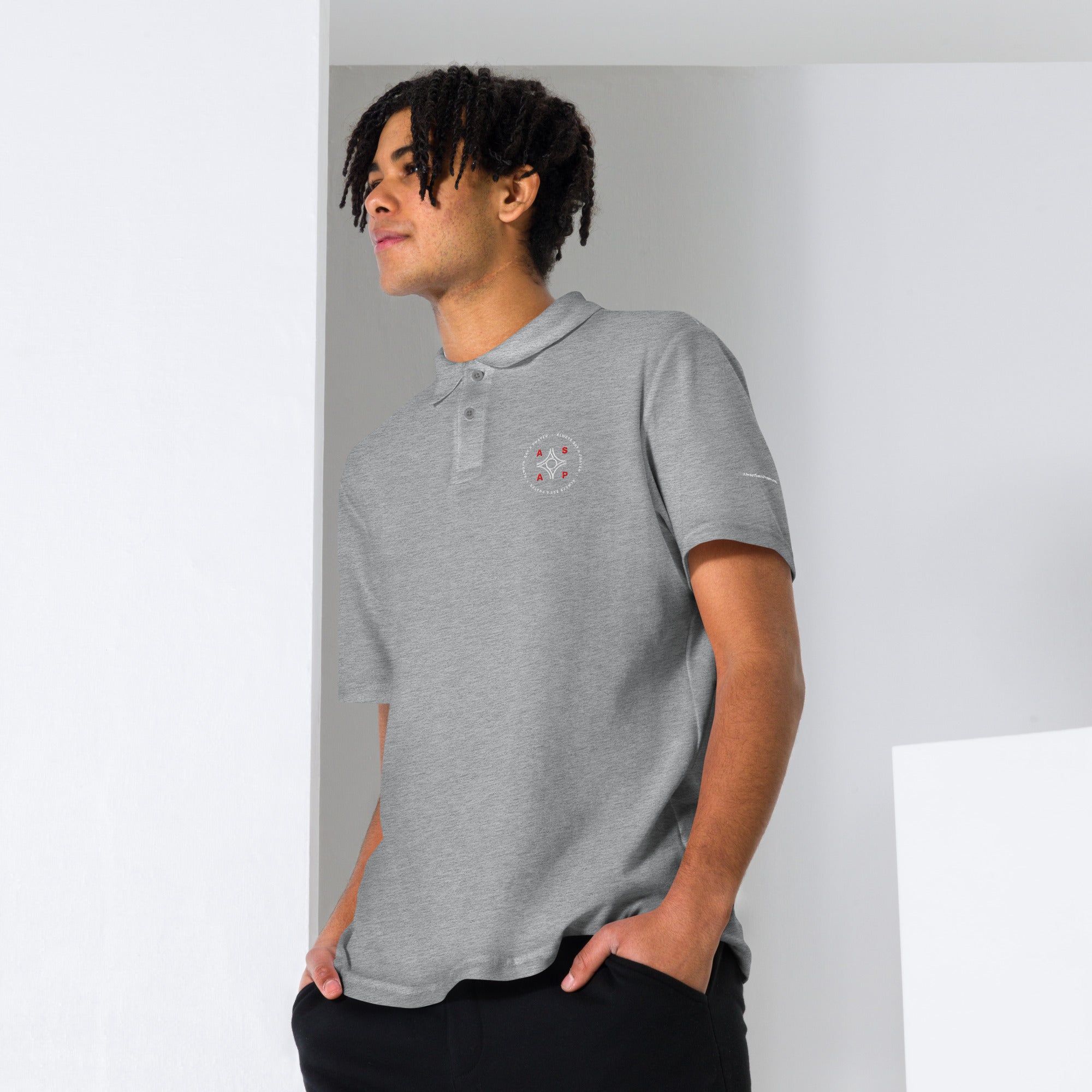 grey unisex pique polo shirt with white asap print