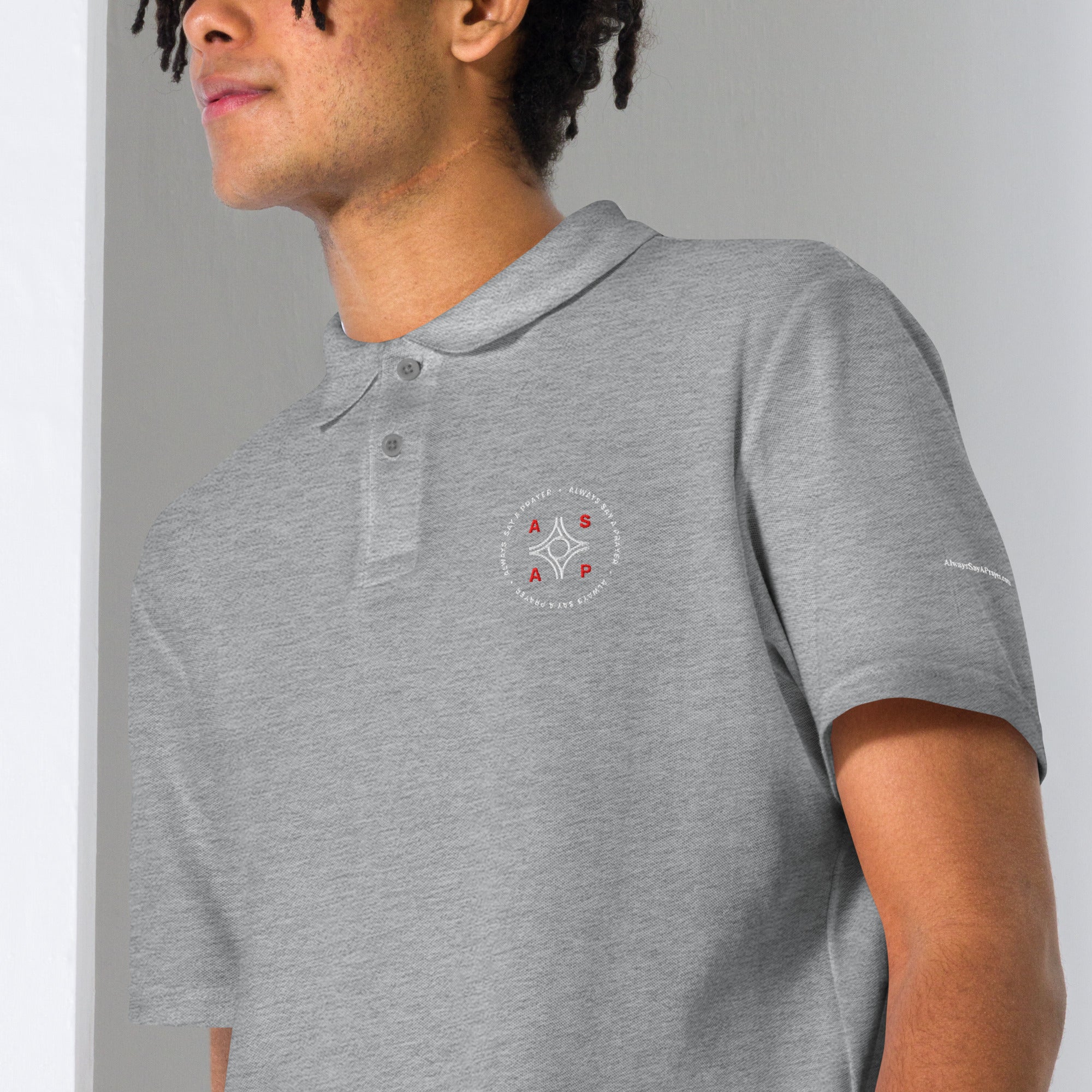 grey unisex pique polo shirt with white asap print